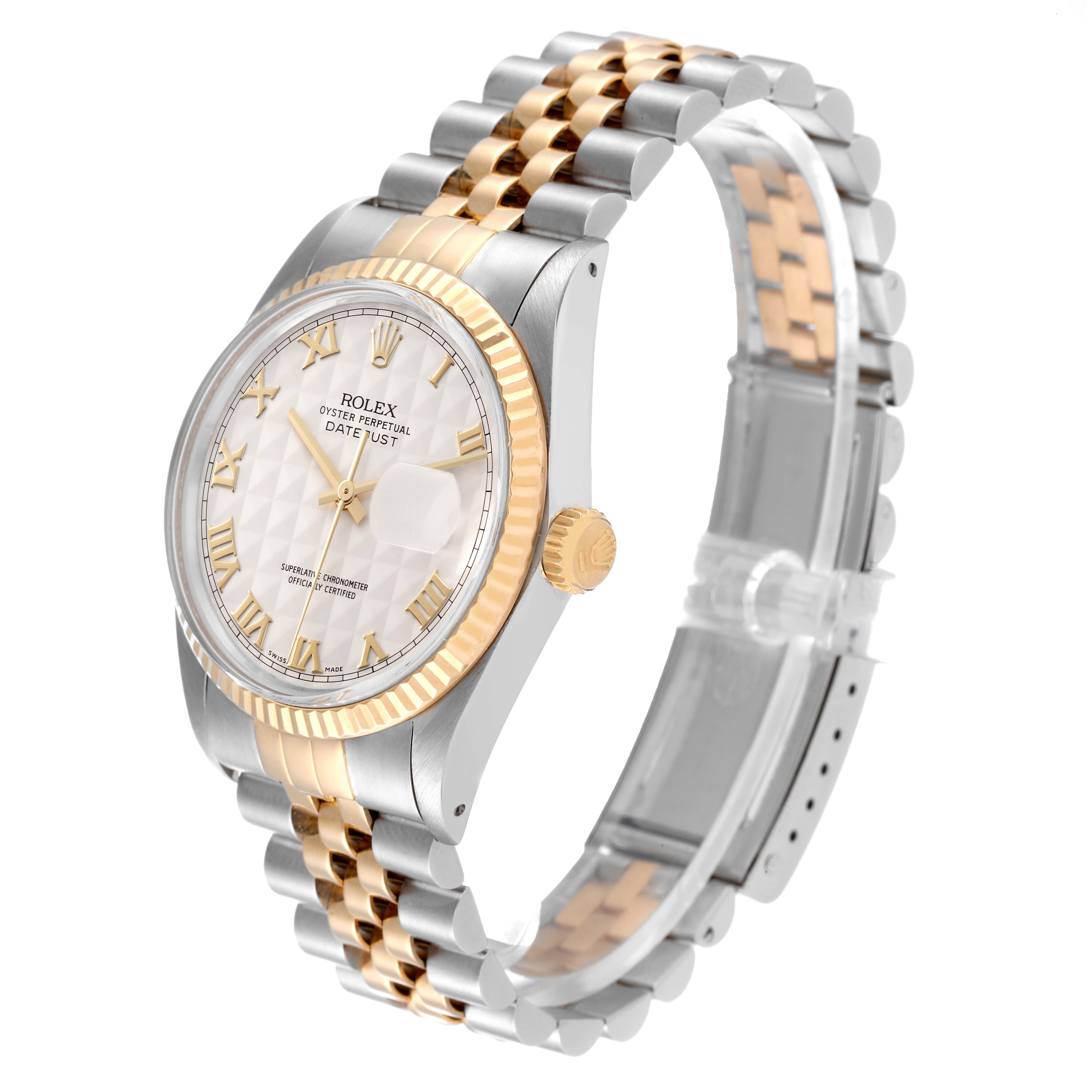 This image shows a Rolex Datejust 16013 Men's Steel and Gold (two tone) Beige Dial 16013 Men's Steel and Gold (two tone) Beige Dial watch from an angled side view, highlighting its gold and silver jubilee bracelet and fluted bezel.