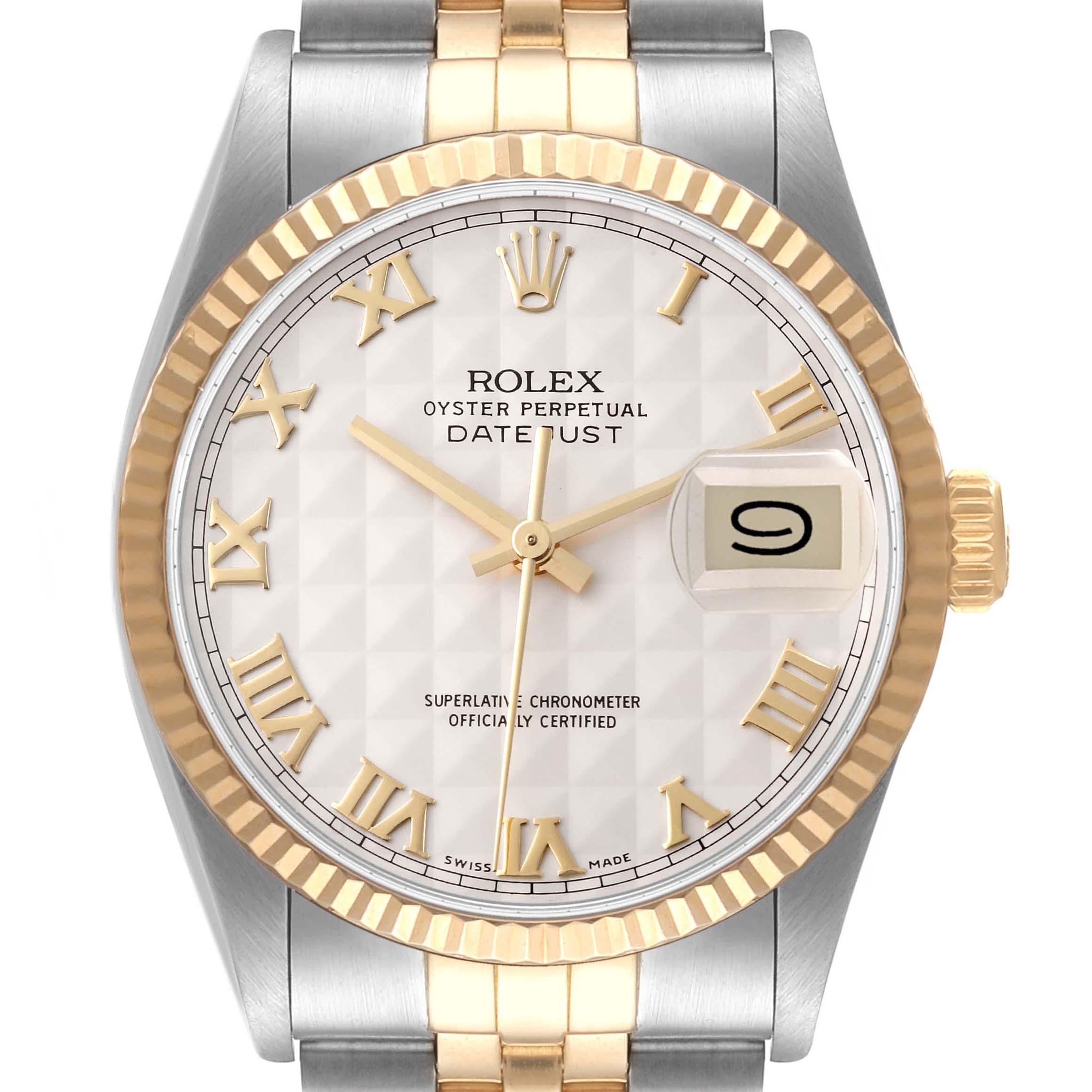 The image shows a Rolex Datejust 16013 Men's Steel and Gold (two tone) Beige Dial 16013 Men's Steel and Gold (two tone) Beige Dial watch with a silver and gold jubilee bracelet, fluted bezel, and Roman numeral markers.