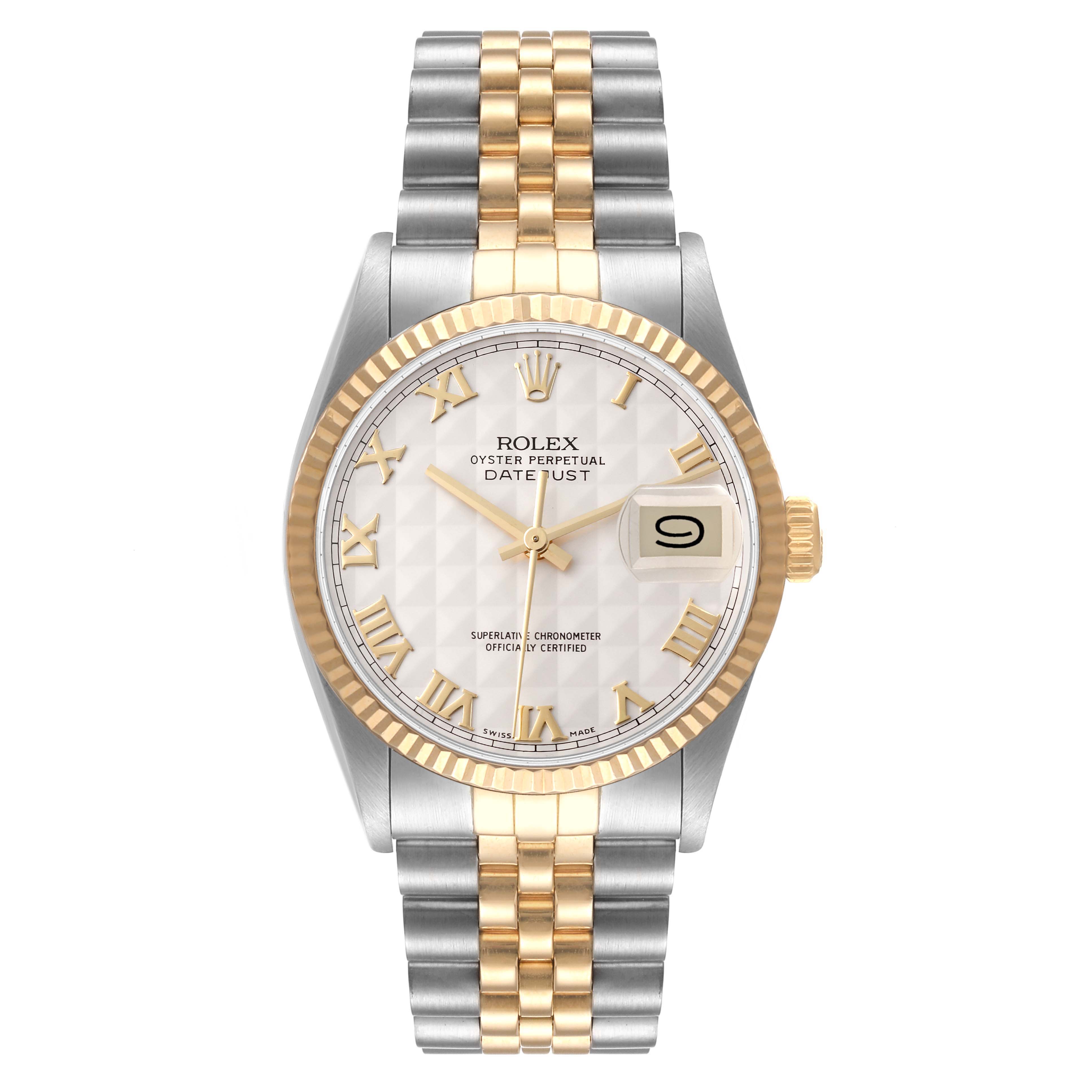 This Rolex Datejust 16013 Men's Steel and Gold (two tone) Beige Dial 16013 Men's Steel and Gold (two tone) Beige Dial watch is shown from the front, displaying its face, dial, bezel, and bracelet.