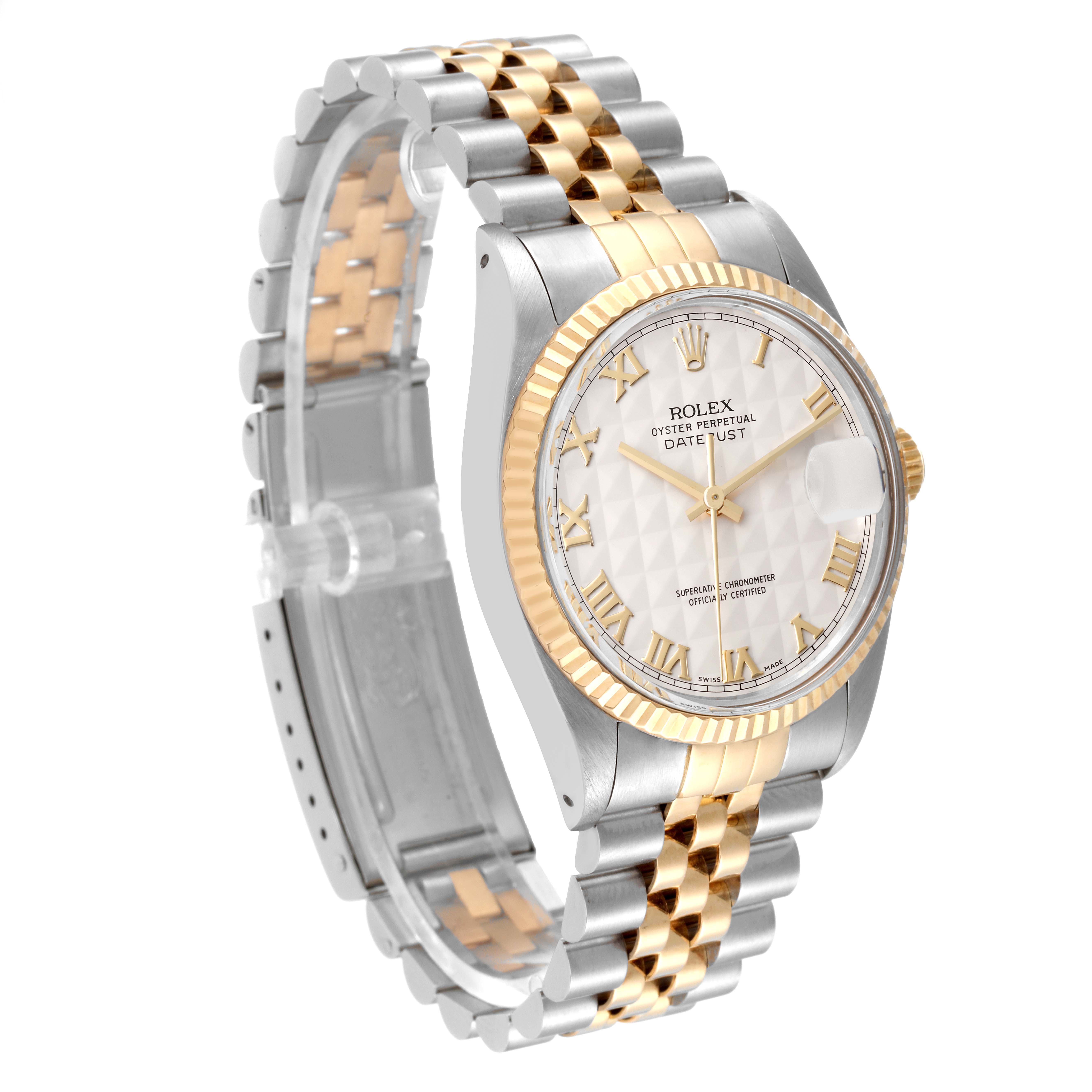 The image shows a side angle of a Rolex Datejust 16013 Men's Steel and Gold (two tone) Beige Dial 16013 Men's Steel and Gold (two tone) Beige Dial watch, highlighting its two-tone bracelet and fluted bezel.