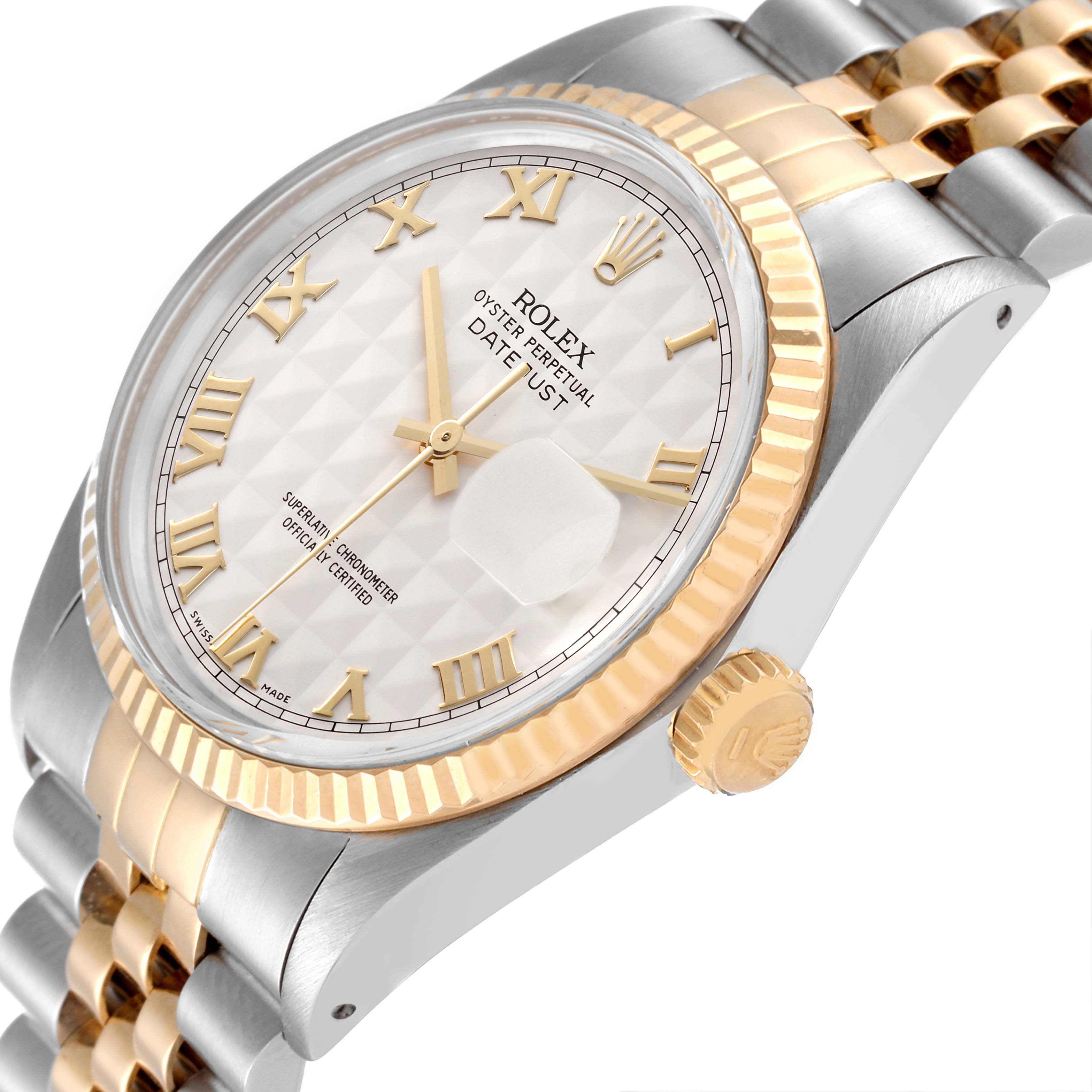 This image shows a close-up of a Rolex Datejust 16013 Men's Steel and Gold (two tone) Beige Dial 16013 Men's Steel and Gold (two tone) Beige Dial watch at an angle, highlighting the dial, fluted bezel, crown, and part of the bracelet.