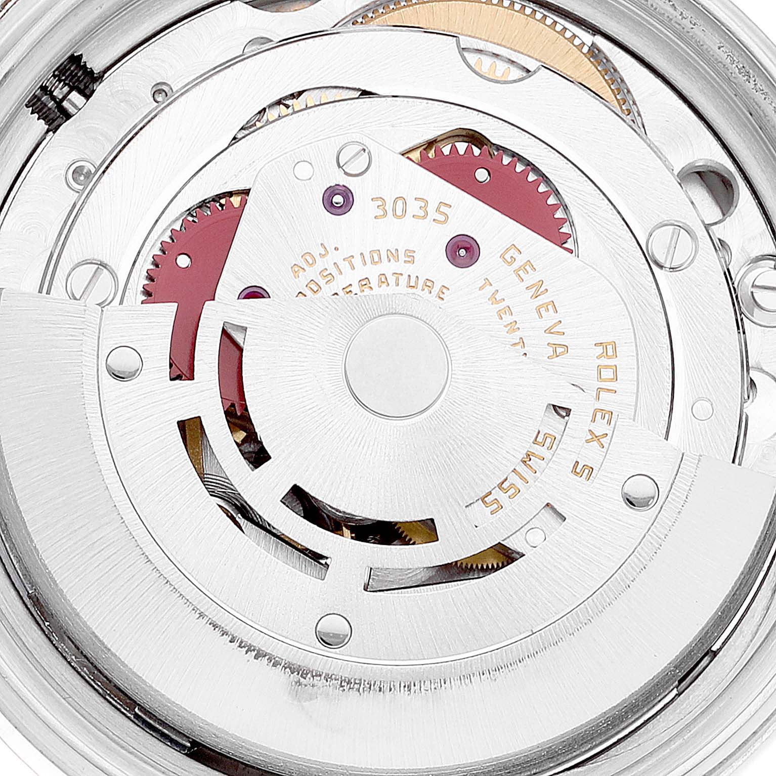 This image shows a close-up view of the mechanical movement inside a Rolex Datejust 16013 Men's Steel and Gold (two tone) Beige Dial 16013 Men's Steel and Gold (two tone) Beige Dial watch.