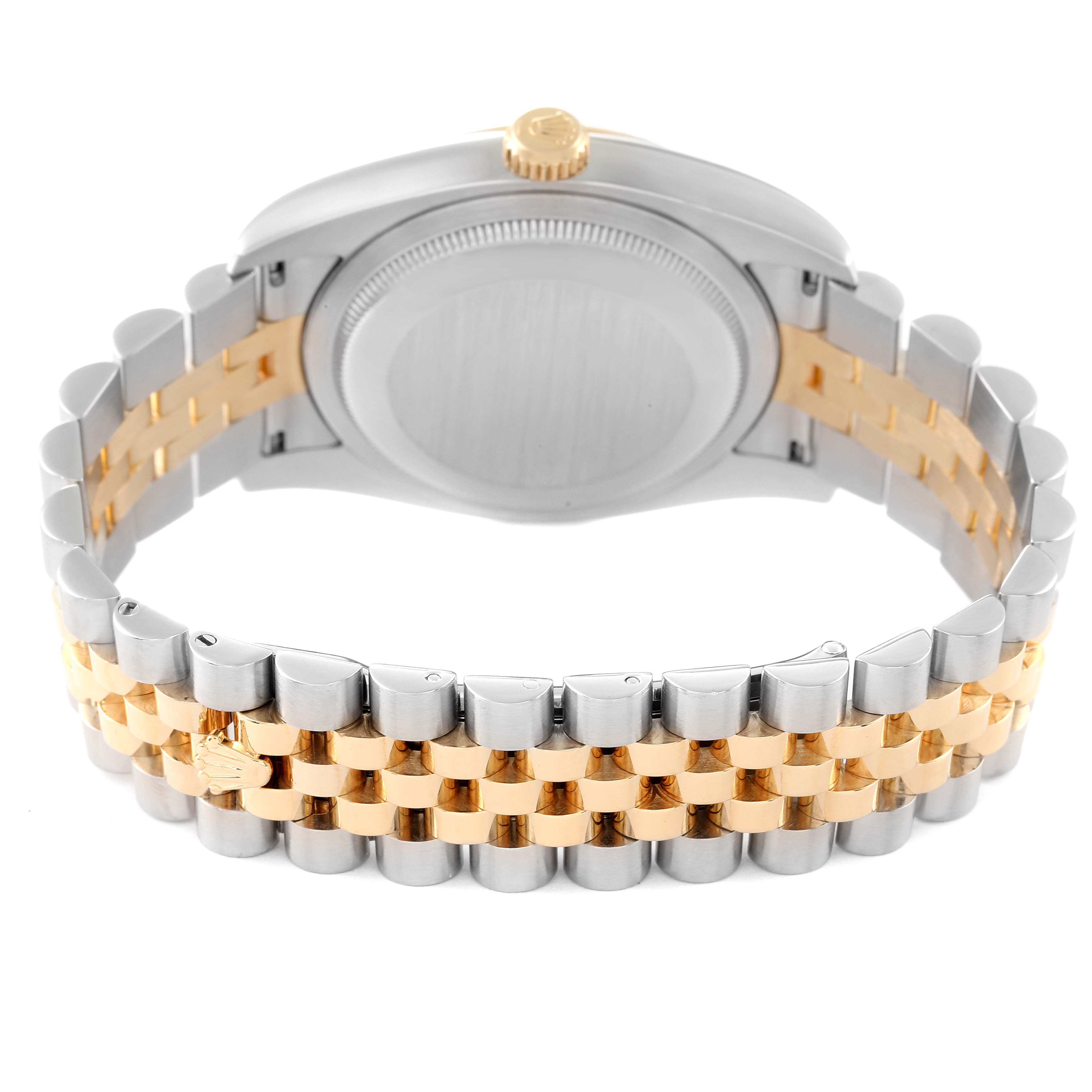 The image shows the back case and bracelet of a Rolex Datejust 116233 Men's Steel and Gold (two tone) Silver Dial 116233 Men's Steel and Gold (two tone) Silver Dial watch, highlighting its two-tone metal design.