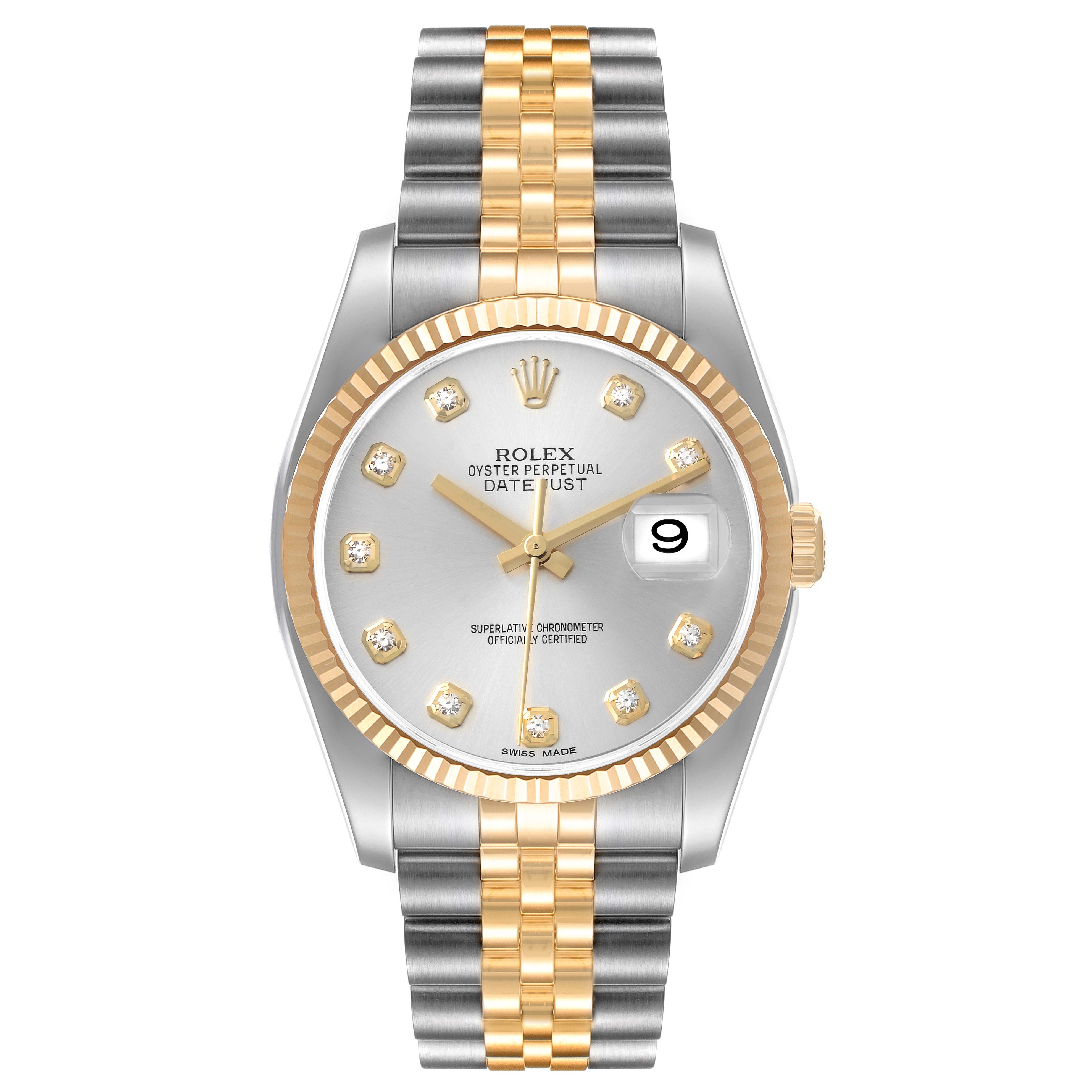 This Rolex Datejust 116233 Men's Steel and Gold (two tone) Silver Dial 116233 Men's Steel and Gold (two tone) Silver Dial watch is shown from a front angle, displaying its face, bezel, dial, hands, and two-tone bracelet.