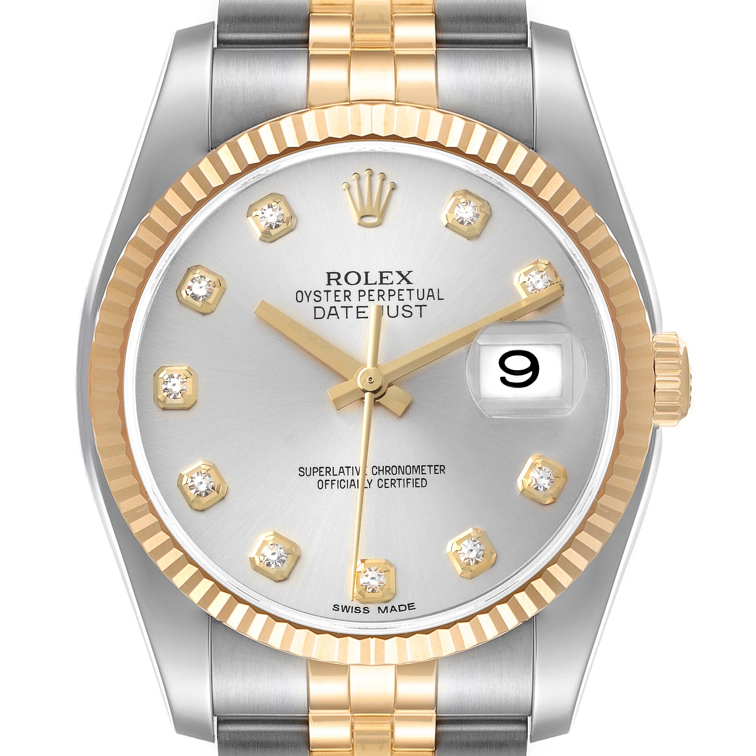 This image shows a frontal view of a Rolex Datejust 116233 Men's Steel and Gold (two tone) Silver Dial 116233 Men's Steel and Gold (two tone) Silver Dial watch, highlighting the dial, bezel, and a portion of the bracelet.