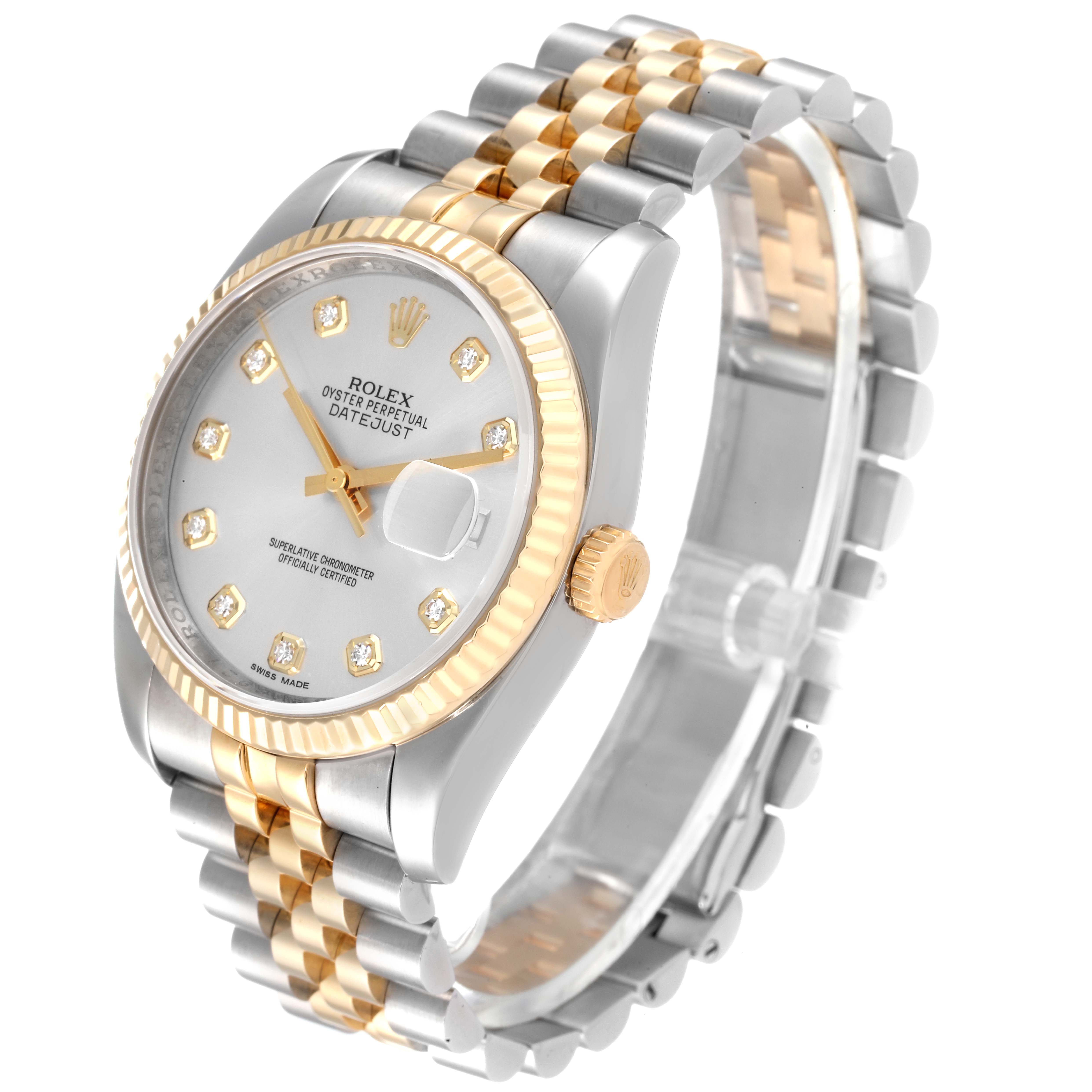 The image shows a Rolex Datejust 116233 Men's Steel and Gold (two tone) Silver Dial 116233 Men's Steel and Gold (two tone) Silver Dial watch from a three-quarter angle, highlighting its face, fluted bezel, and jubilee bracelet.