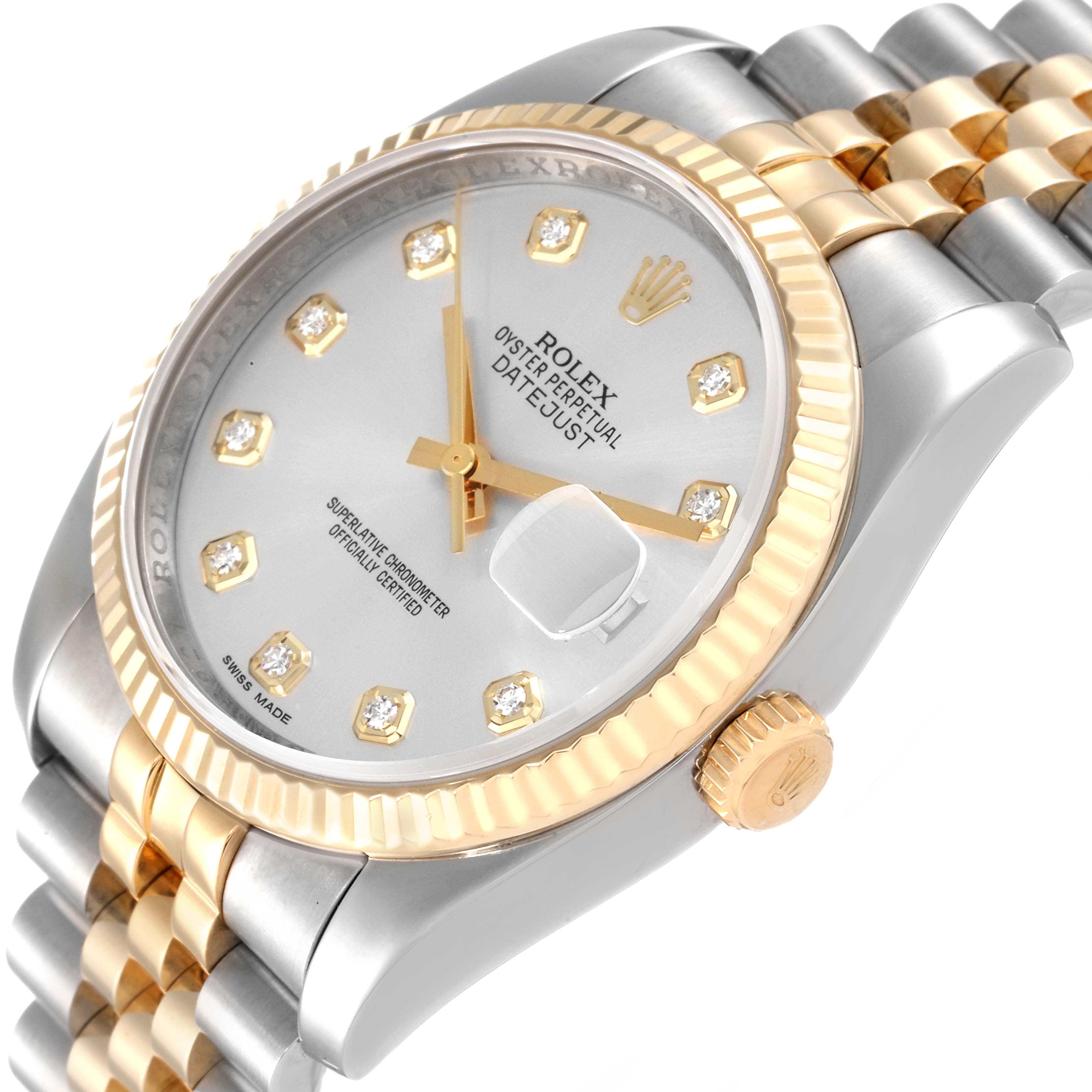 The image shows a close-up of the Rolex Datejust 116233 Men's Steel and Gold (two tone) Silver Dial 116233 Men's Steel and Gold (two tone) Silver Dial watch, focusing on the dial, bezel, crown, and part of the bracelet at an angled view.
