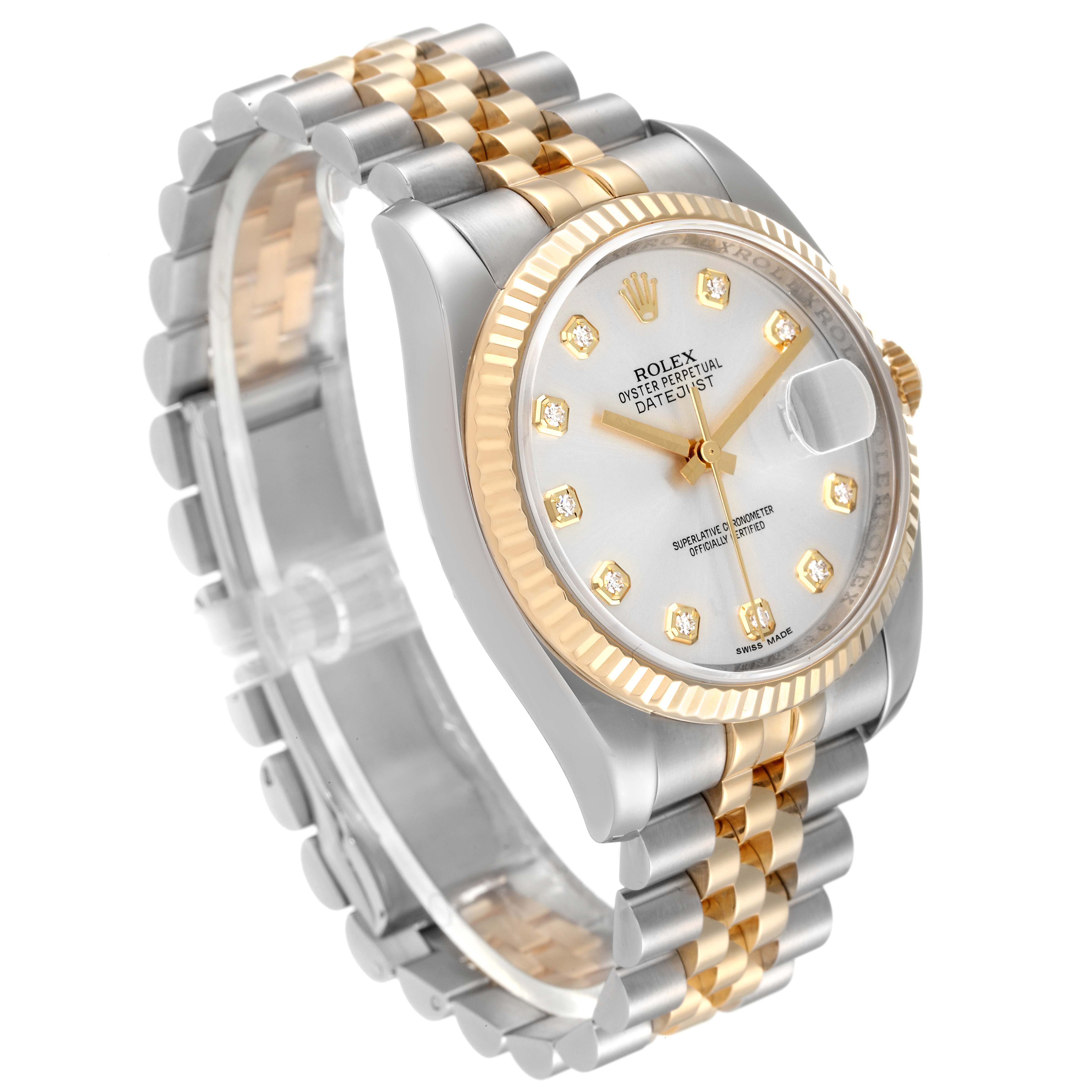 The image shows a Rolex Datejust 116233 Men's Steel and Gold (two tone) Silver Dial 116233 Men's Steel and Gold (two tone) Silver Dial watch from a three-quarter angle, highlighting the face, bezel, and linked bracelet.