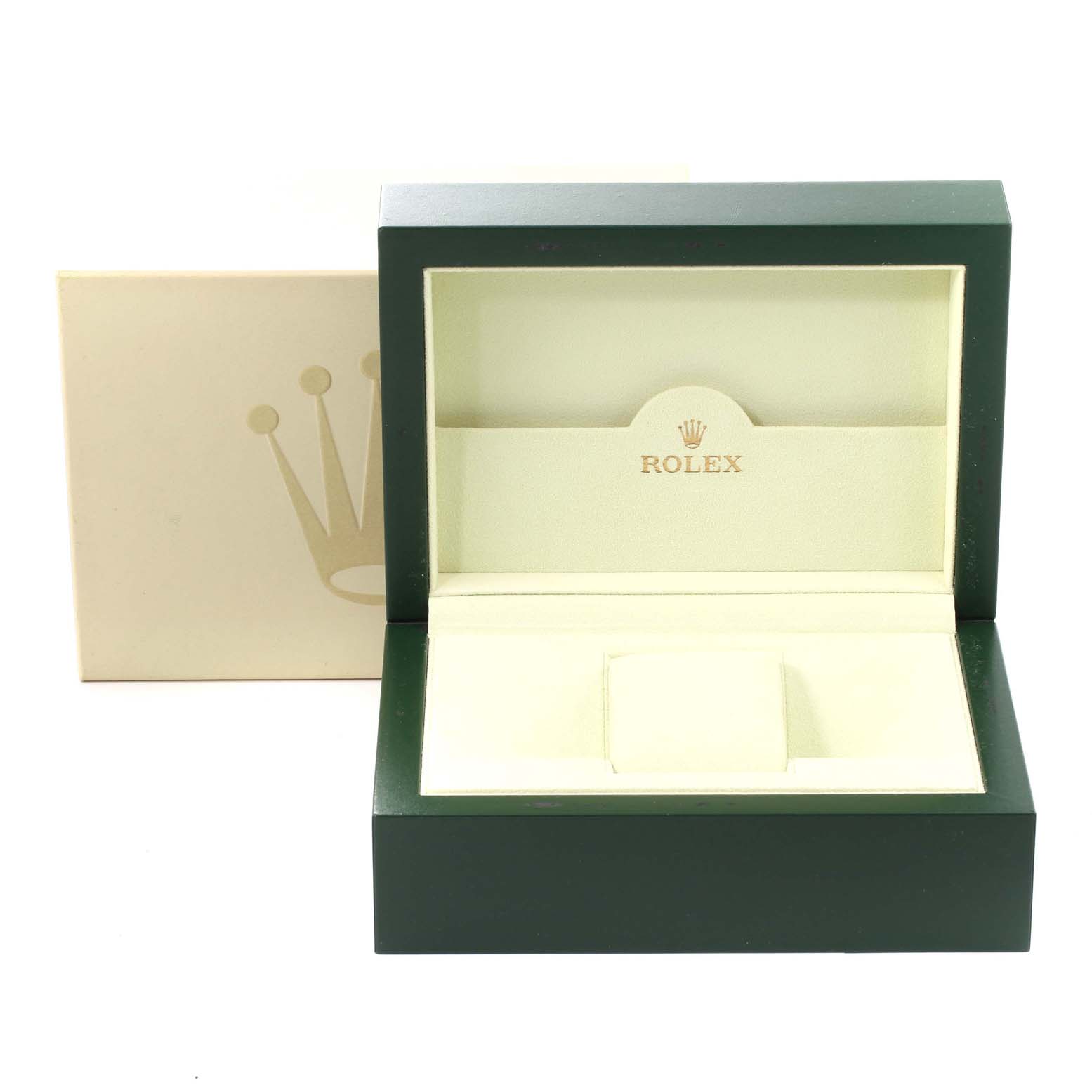 The image shows an open Rolex Datejust 116233 Men's Steel and Gold (two tone) Silver Dial 116233 Men's Steel and Gold (two tone) Silver Dial model watch box with a beige exterior box behind it.