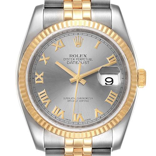 Photo of Rolex Datejust Steel Yellow Gold Slate Roman Dial Mens Watch 116233