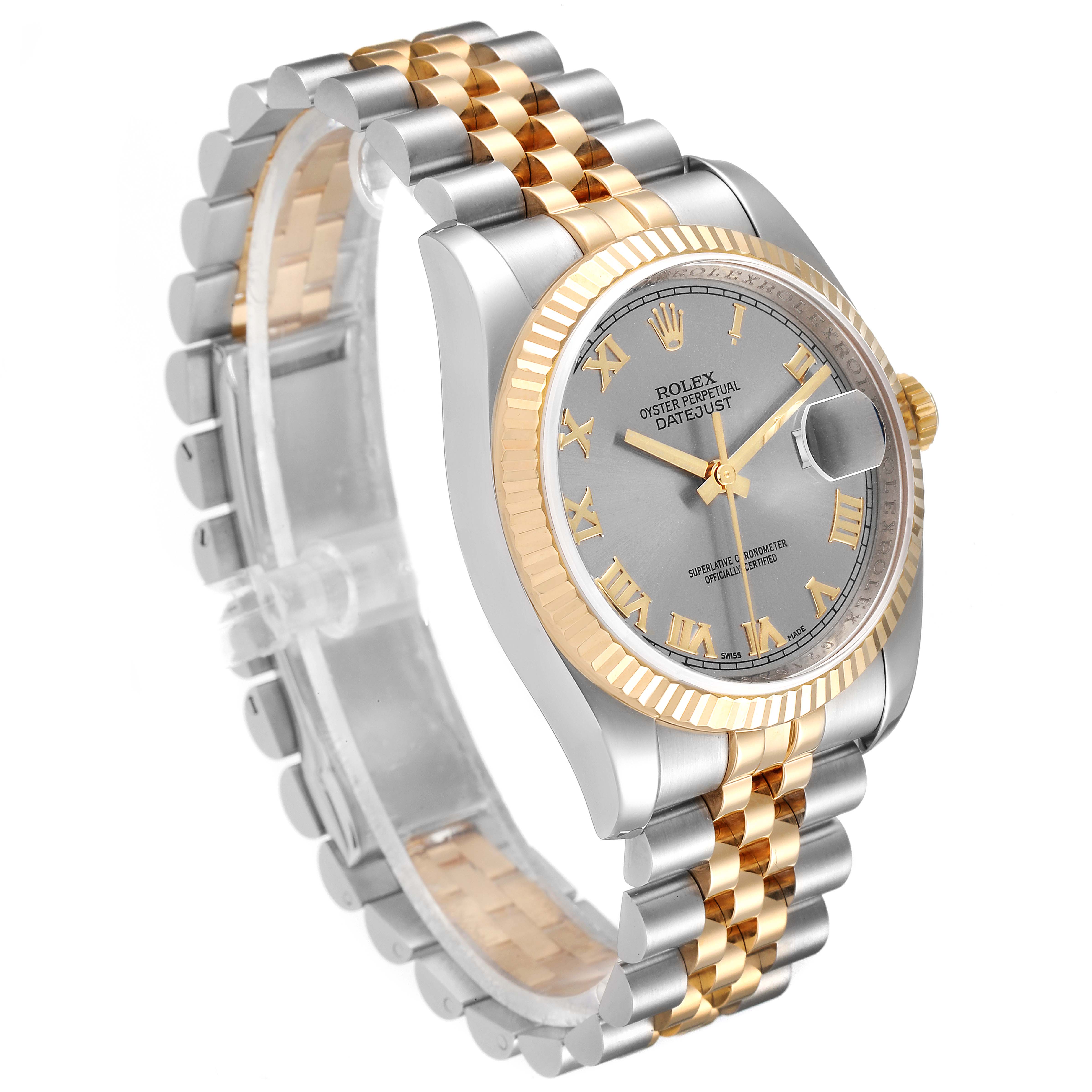 The Rolex Datejust 116233 Men's Steel and Gold (two tone) Grey Dial 116233 Men's Steel and Gold (two tone) Grey Dial watch is shown at a three-quarter angle, highlighting its silver and gold bracelet, fluted bezel, and grey dial.