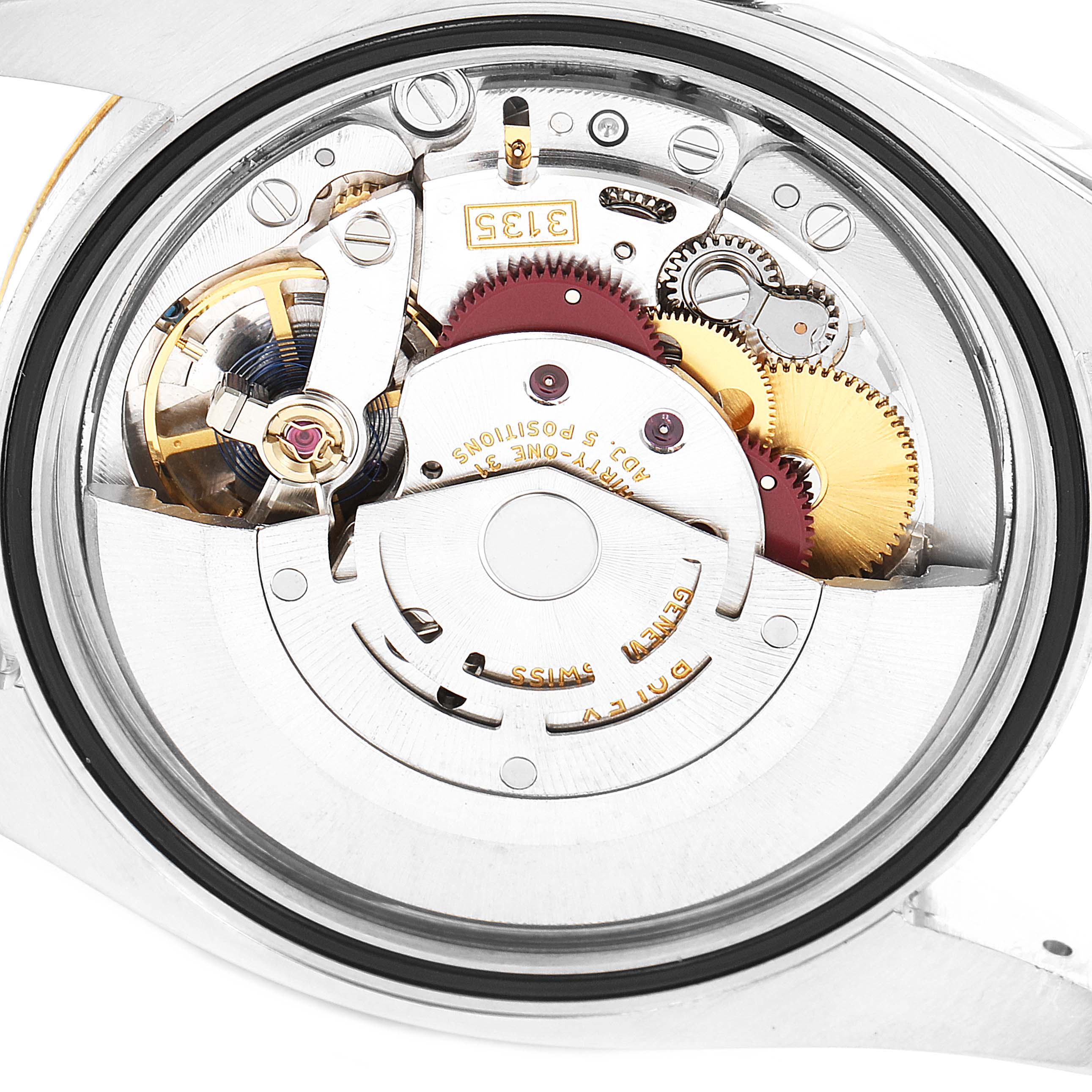 This image shows the internal movement mechanism of a Rolex Datejust 116233 Men's Steel and Gold (two tone) Grey Dial 116233 Men's Steel and Gold (two tone) Grey Dial watch, viewed from the back.