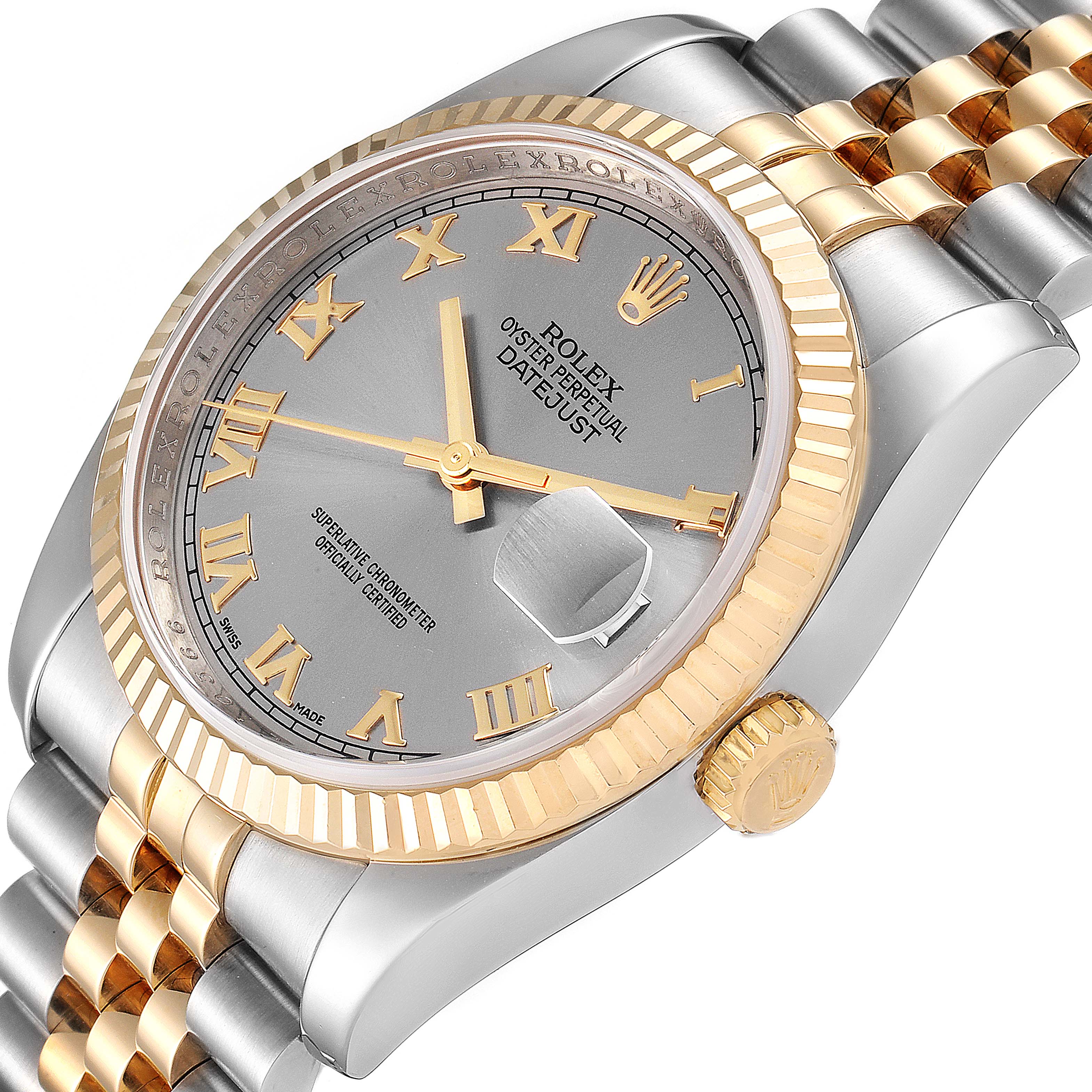 This image shows a close-up, angled view of the Rolex Datejust 116233 Men's Steel and Gold (two tone) Grey Dial 116233 Men's Steel and Gold (two tone) Grey Dial watch, highlighting its dial, bezel, and part of the bracelet.