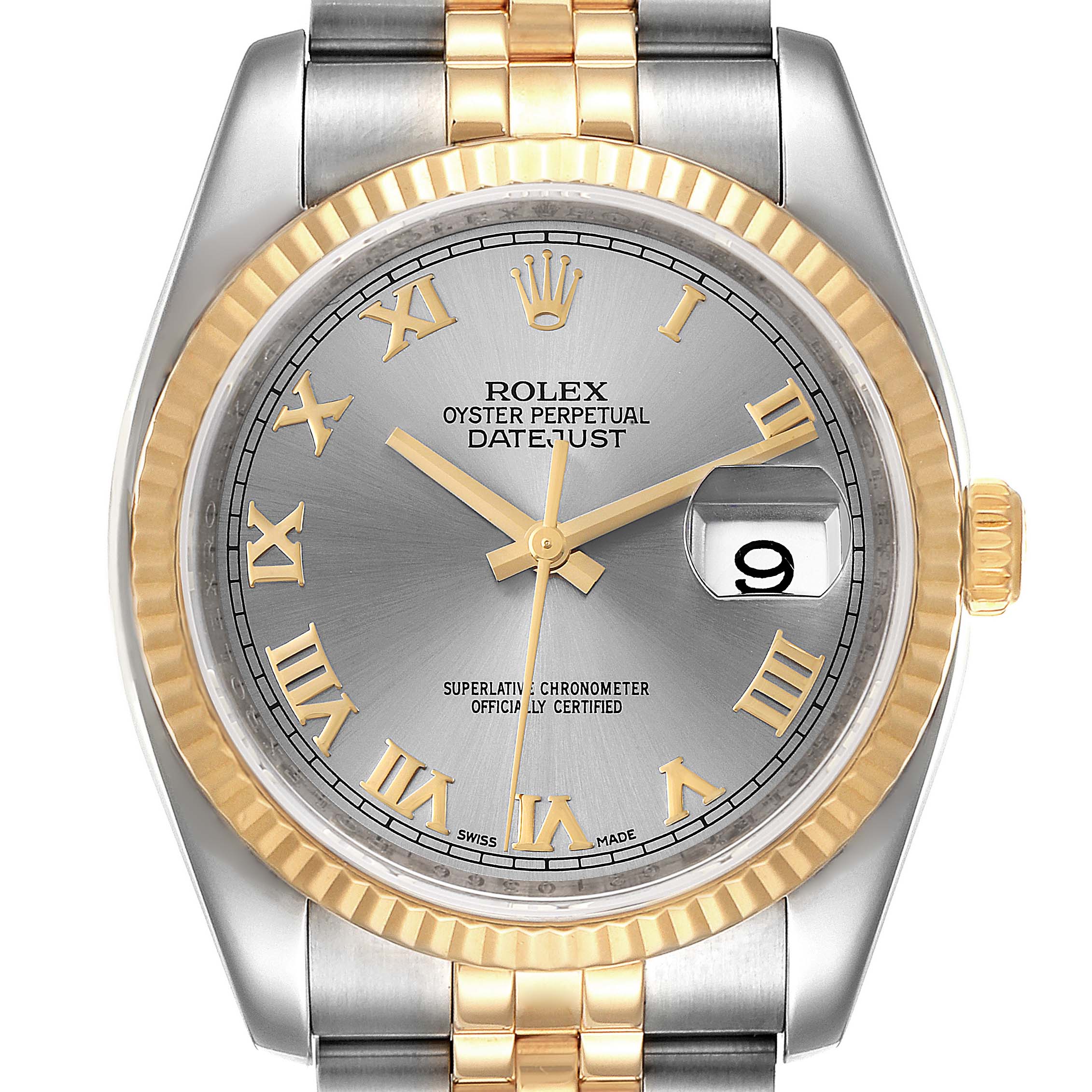 This image shows a front view of a Rolex Datejust 116233 Men's Steel and Gold (two tone) Grey Dial 116233 Men's Steel and Gold (two tone) Grey Dial watch, highlighting its dial, bezel, and part of the bracelet.