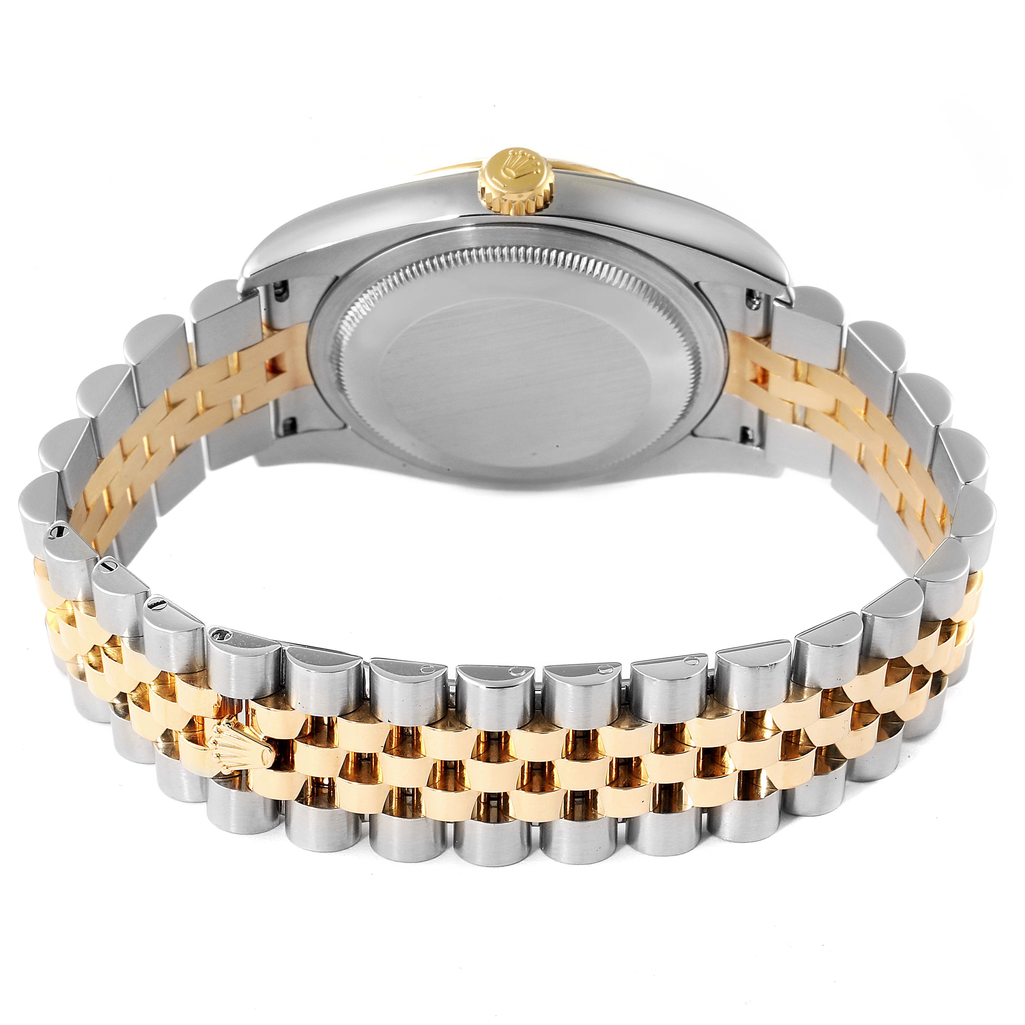 The image shows the back view of a Rolex Datejust 116233 Men's Steel and Gold (two tone) Grey Dial 116233 Men's Steel and Gold (two tone) Grey Dial watch, focusing on its two-tone metal bracelet and case back.