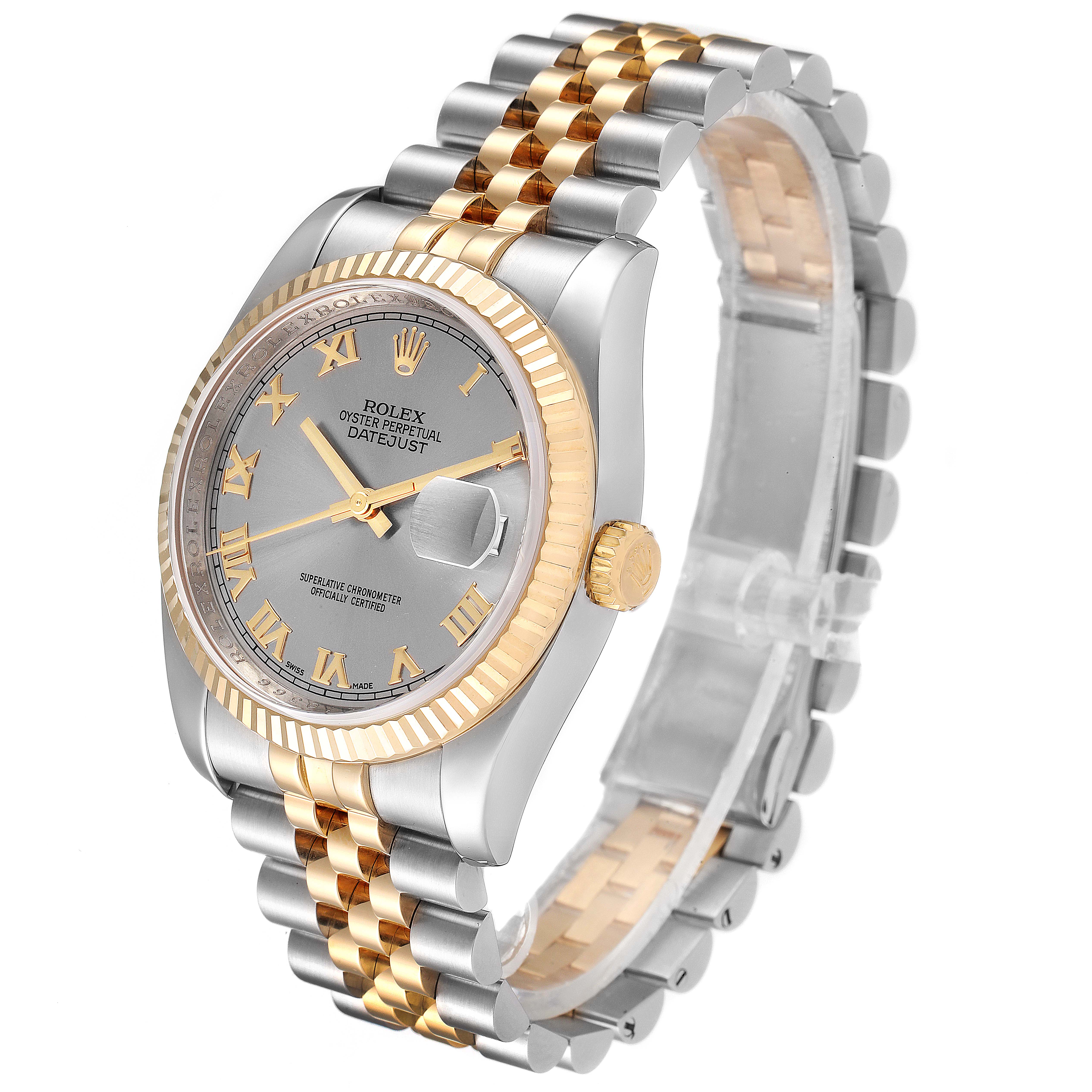 The Rolex Datejust 116233 Men's Steel and Gold (two tone) Grey Dial 116233 Men's Steel and Gold (two tone) Grey Dial watch is shown at an angle, highlighting its two-tone metal band, fluted bezel, and dial with Roman numerals.