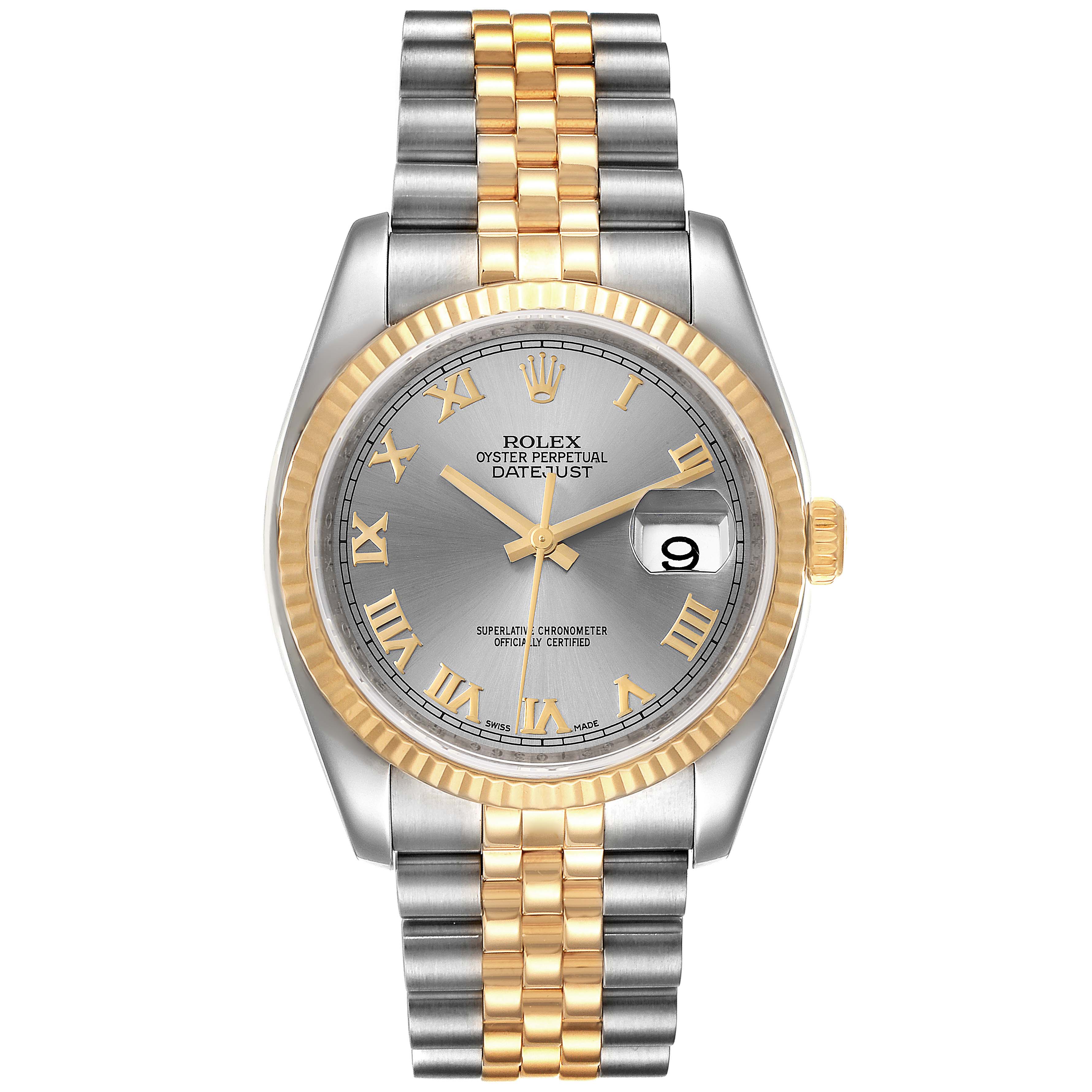 The Rolex Datejust 116233 Men's Steel and Gold (two tone) Grey Dial 116233 Men's Steel and Gold (two tone) Grey Dial watch is shown from a top-down view, displaying the face, bezel, and two-tone bracelet.