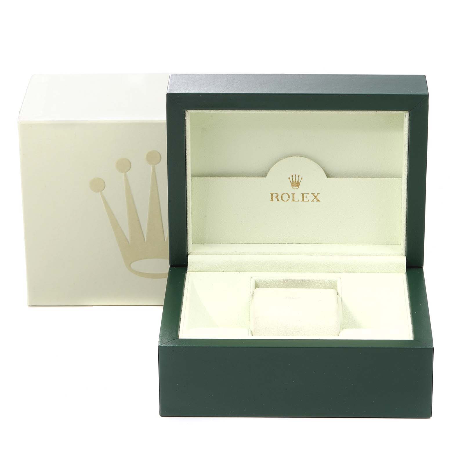 This image shows an open Rolex Datejust 116233 Men's Steel and Gold (two tone) Grey Dial 116233 Men's Steel and Gold (two tone) Grey Dial watch box from a front angle, displaying its interior and the branding.