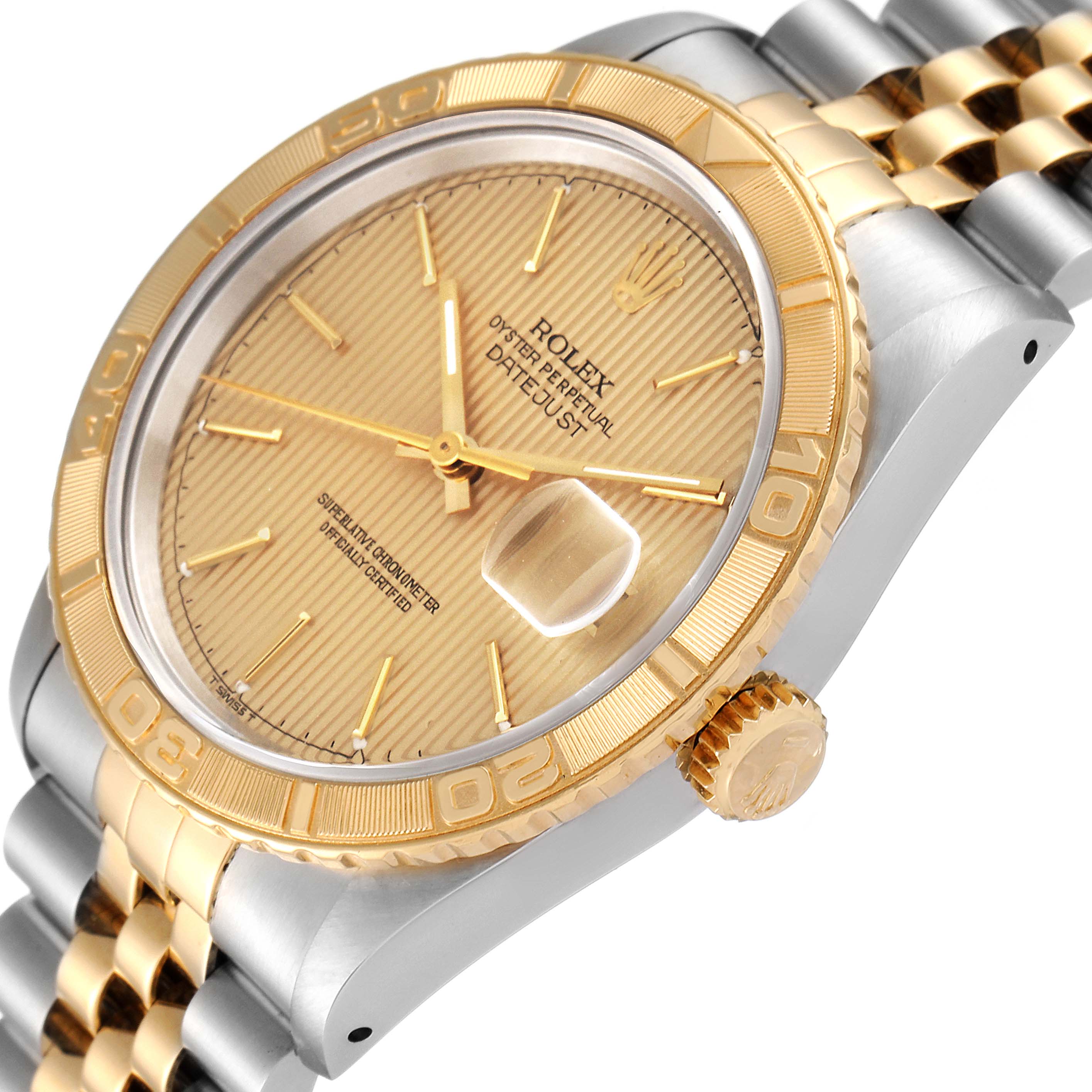 The Rolex Turn-o-Graph 16263 Men
s Steel and Gold (two tone) Champagne Dial 16263 Men
s Steel and Gold (two tone) Champagne Dial watch is shown at a slight angle, highlighting its gold bezel, dial, and two-tone bracelet.