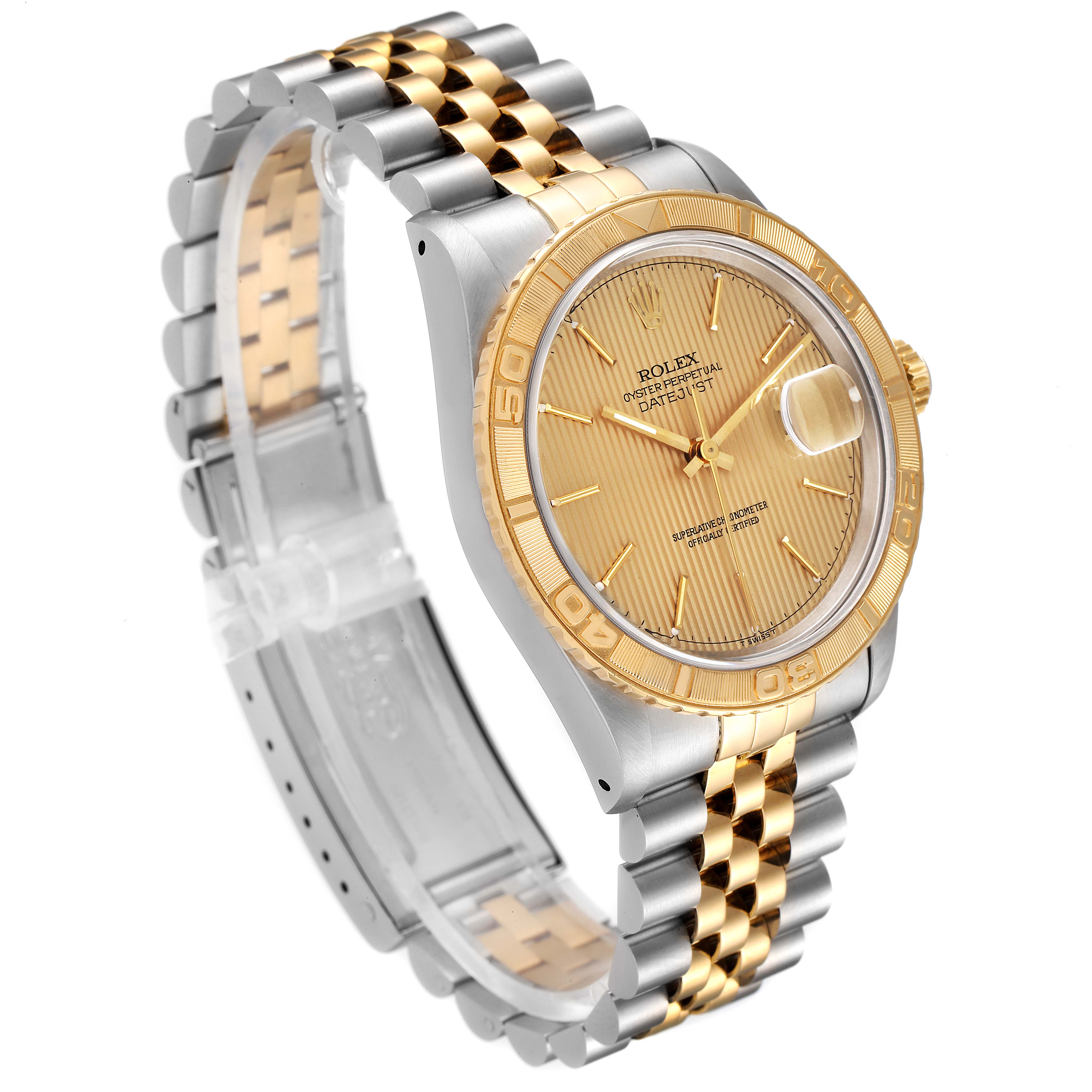 The image shows a Rolex Turn-o-Graph 16263 Men
s Steel and Gold (two tone) Champagne Dial 16263 Men
s Steel and Gold (two tone) Champagne Dial watch at a 3/4 angle, highlighting the gold bezel, face, and two-tone bracelet.