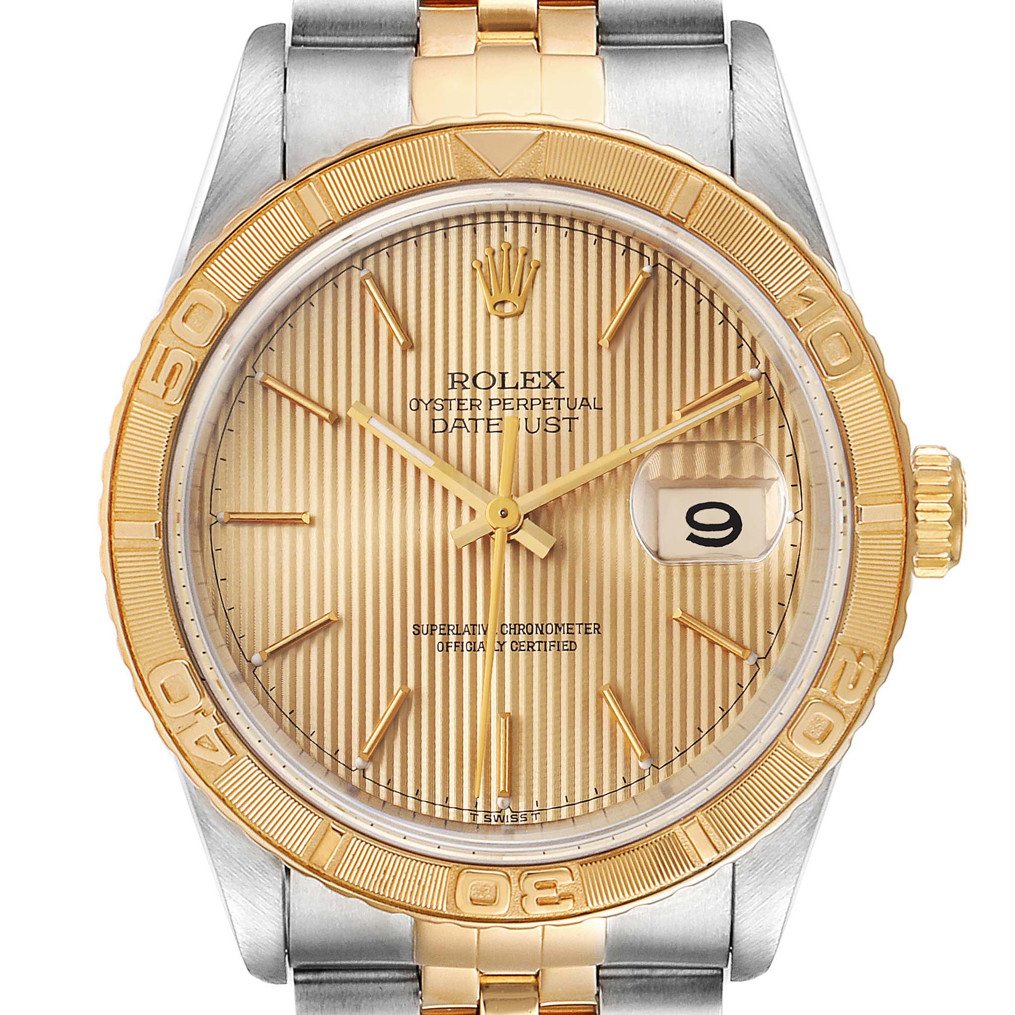 The image shows a front view of the Rolex Turn-o-Graph 16263 Men
s Steel and Gold (two tone) Champagne Dial 16263 Men
s Steel and Gold (two tone) Champagne Dial watch, highlighting its gold fluted bezel, dial, and date display.