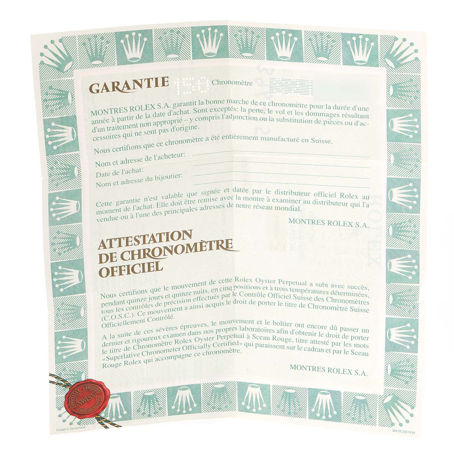 The image shows a warranty certificate for the Rolex Turn-o-Graph 16263 Men
s Steel and Gold (two tone) Champagne Dial 16263 Men
s Steel and Gold (two tone) Champagne Dial model, from a top-down view.