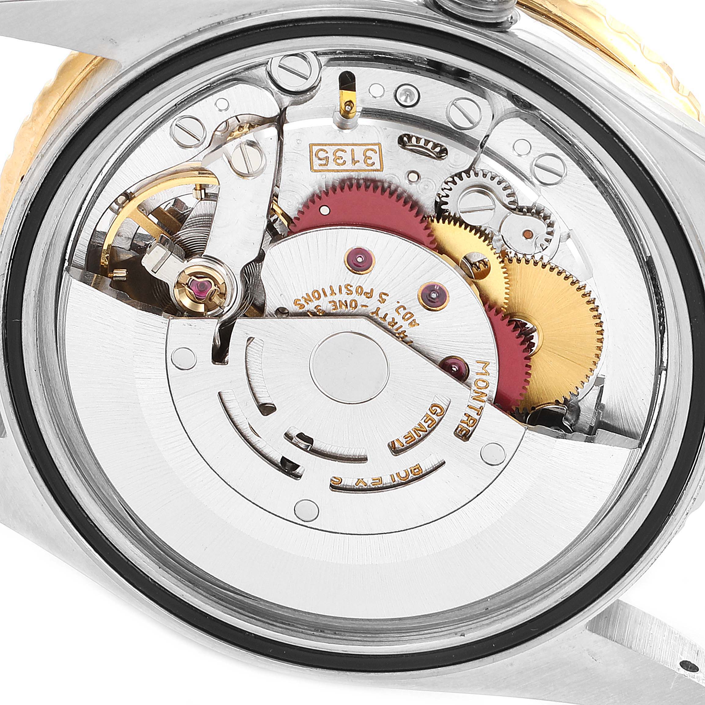 The image shows the internal mechanical movement of the Rolex Turn-o-Graph 16263 Men
s Steel and Gold (two tone) Champagne Dial 16263 Men
s Steel and Gold (two tone) Champagne Dial watch from a back angle.
