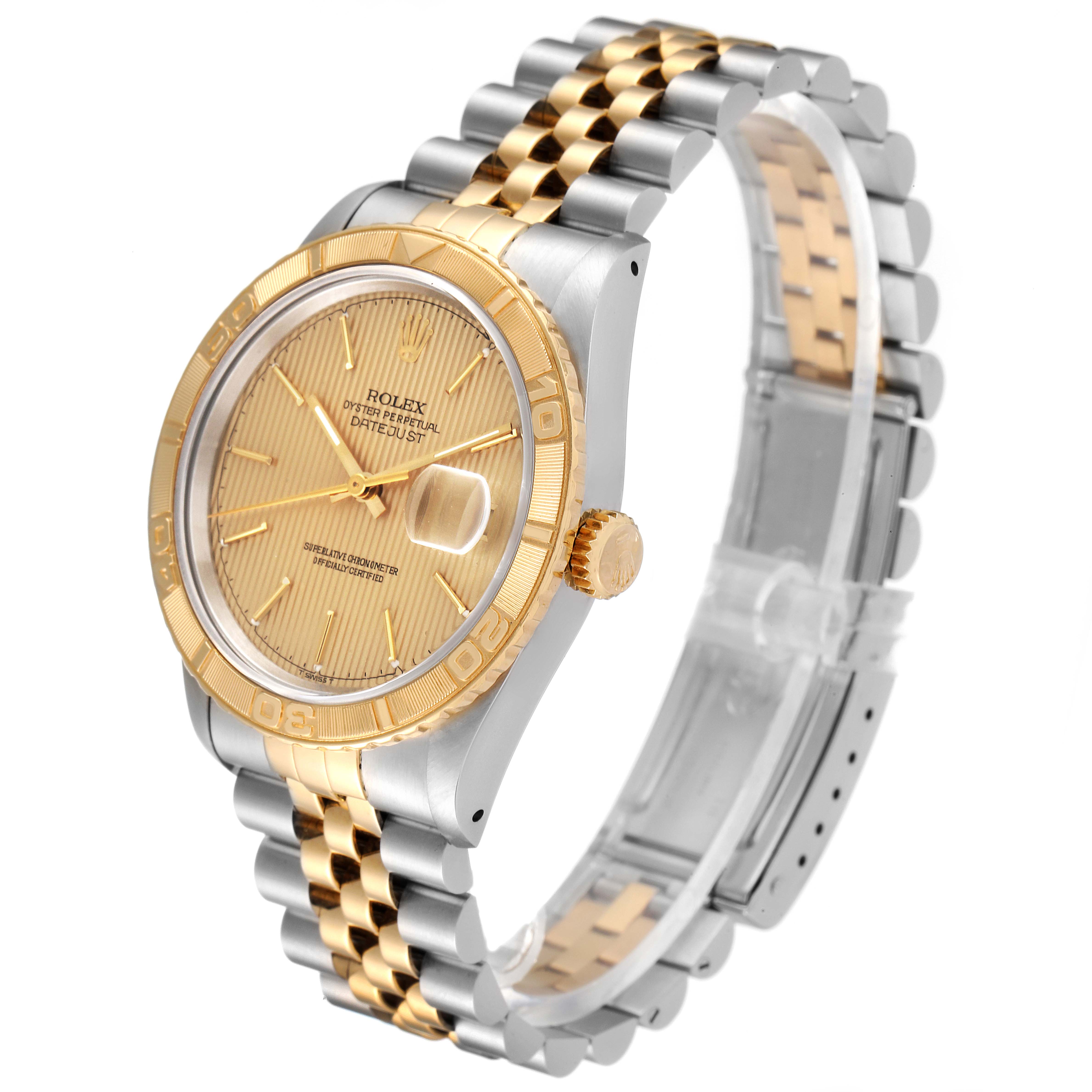 This image shows a side view of a Rolex Turn-o-Graph 16263 Men
s Steel and Gold (two tone) Champagne Dial 16263 Men
s Steel and Gold (two tone) Champagne Dial watch displaying the face, bezel, crown, and two-tone band.