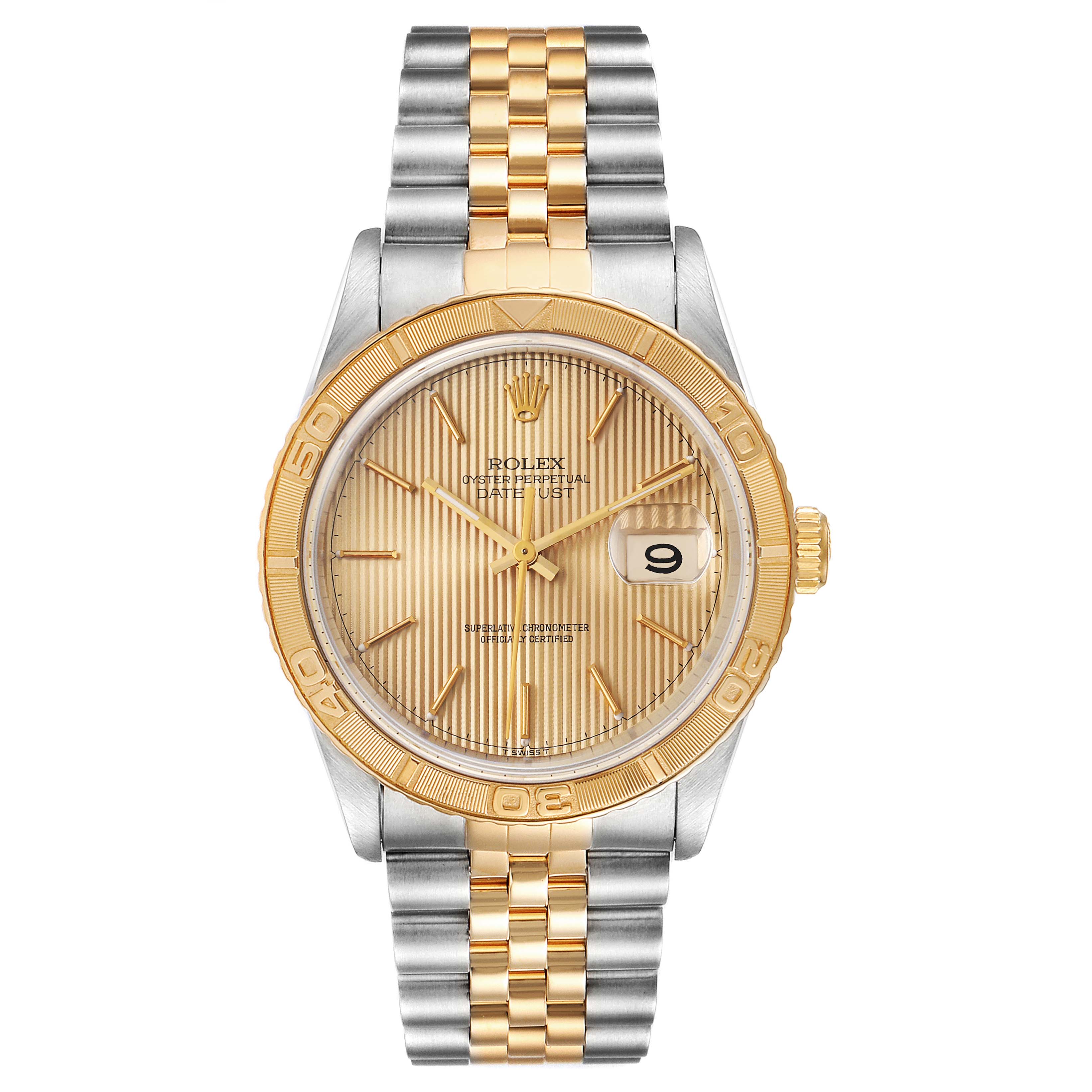The image shows a Rolex Turn-o-Graph 16263 Men
s Steel and Gold (two tone) Champagne Dial 16263 Men
s Steel and Gold (two tone) Champagne Dial watch, displaying the face, bezel, and two-tone bracelet from the front angle.