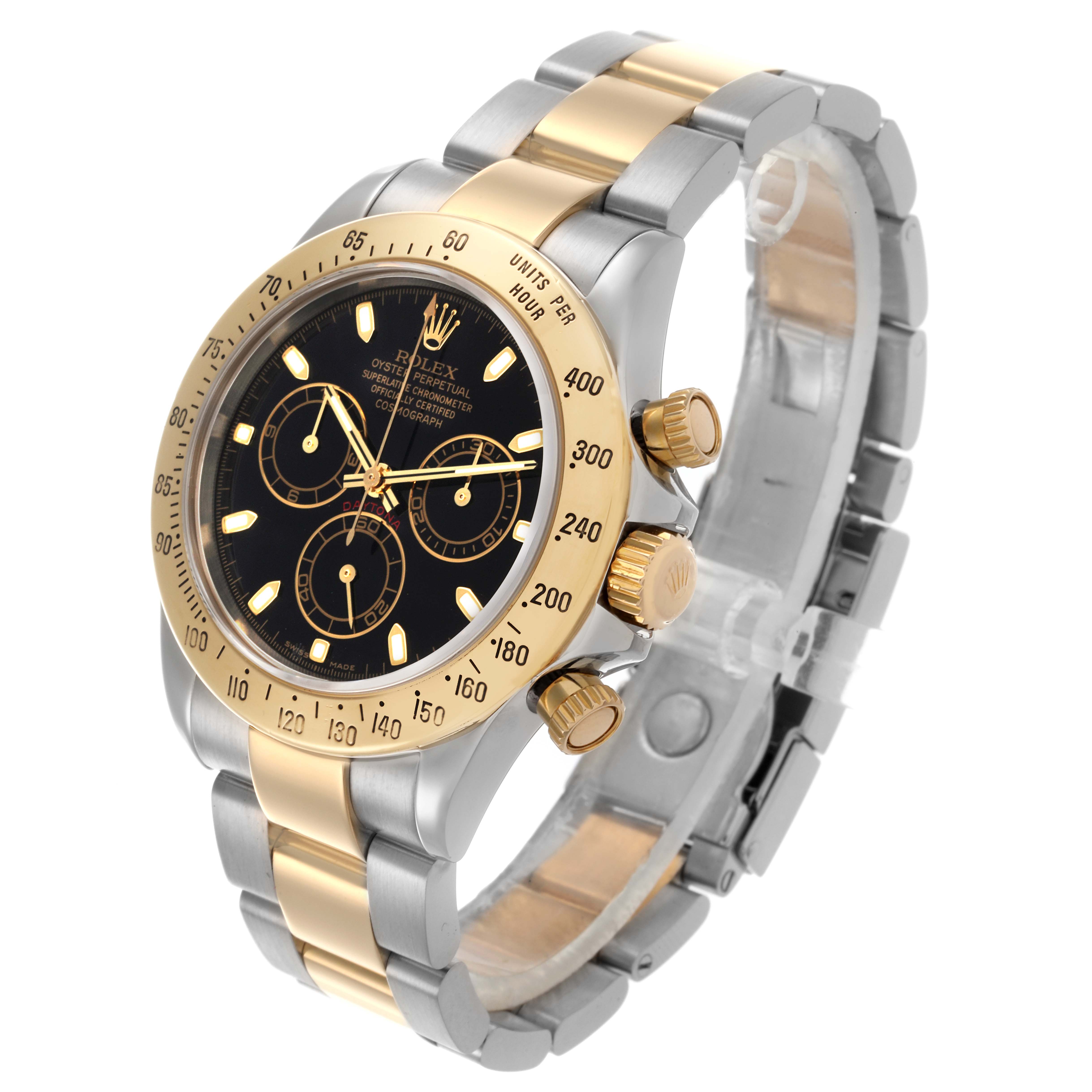 The Rolex Daytona 116523 Men's Steel and Gold (two tone) Black Dial 116523 Men's Steel and Gold (two tone) Black Dial watch is shown at a three-quarter angle, highlighting the dial, bezel, and bracelet.