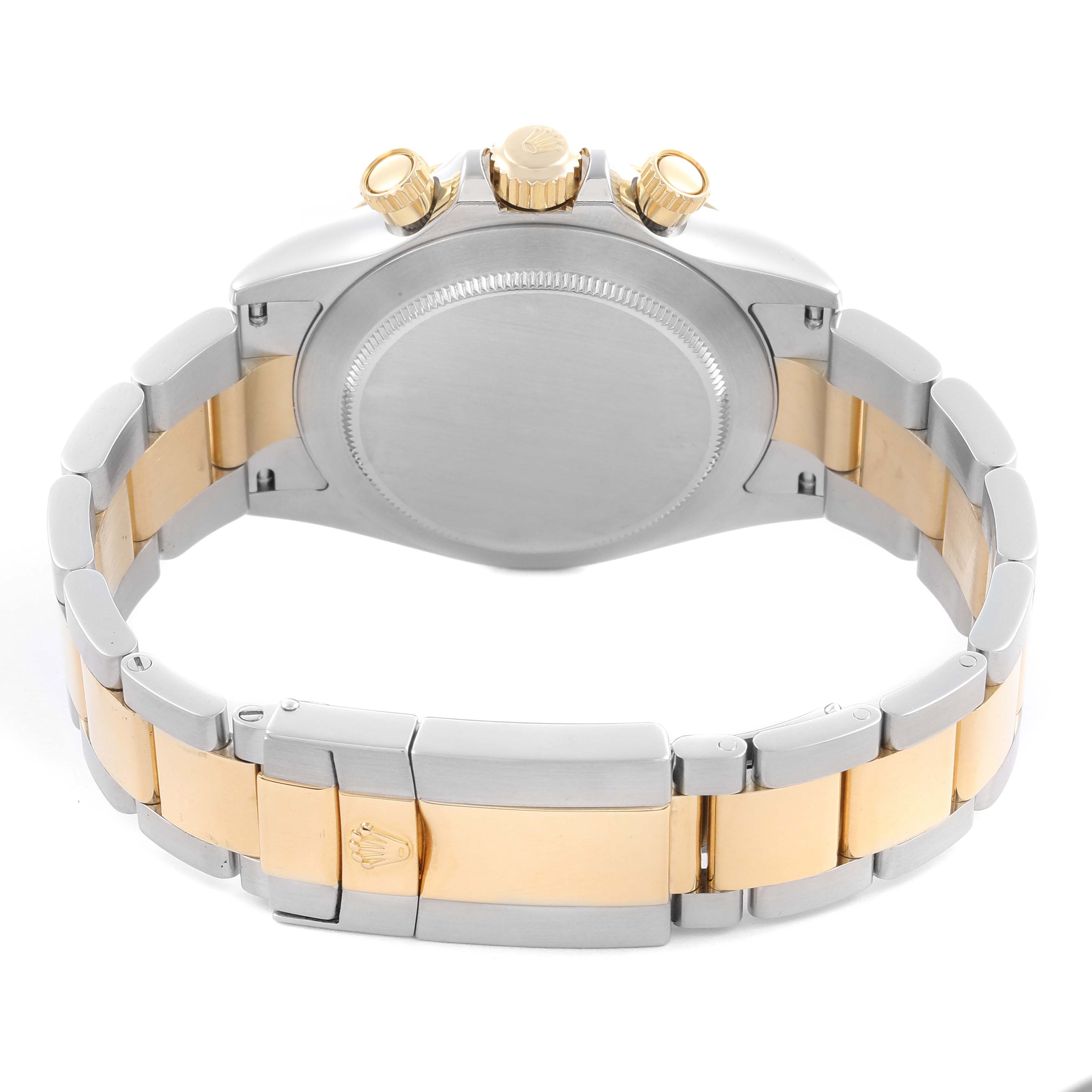 The image shows the back case and bracelet of a Rolex Daytona 116523 Men's Steel and Gold (two tone) Black Dial 116523 Men's Steel and Gold (two tone) Black Dial watch at a rear angle.