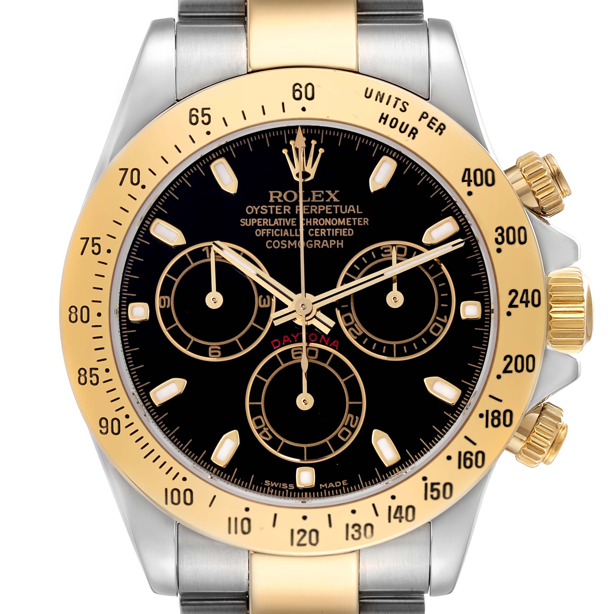 The Rolex Daytona 116523 Men's Steel and Gold (two tone) Black Dial 116523 Men's Steel and Gold (two tone) Black Dial is shown from the front, highlighting its dial, bezel, and chronograph sub-dials.