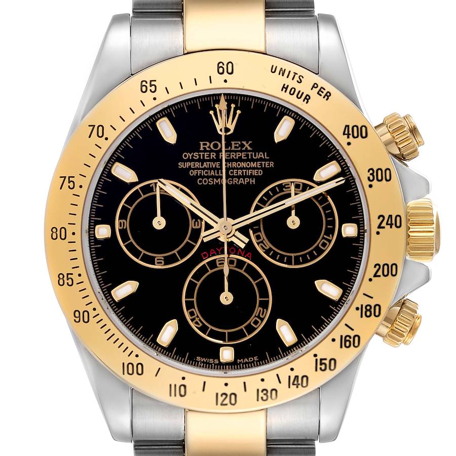 The Rolex Daytona is shown from the front, highlighting its dial, bezel, and chronograph sub-dials.