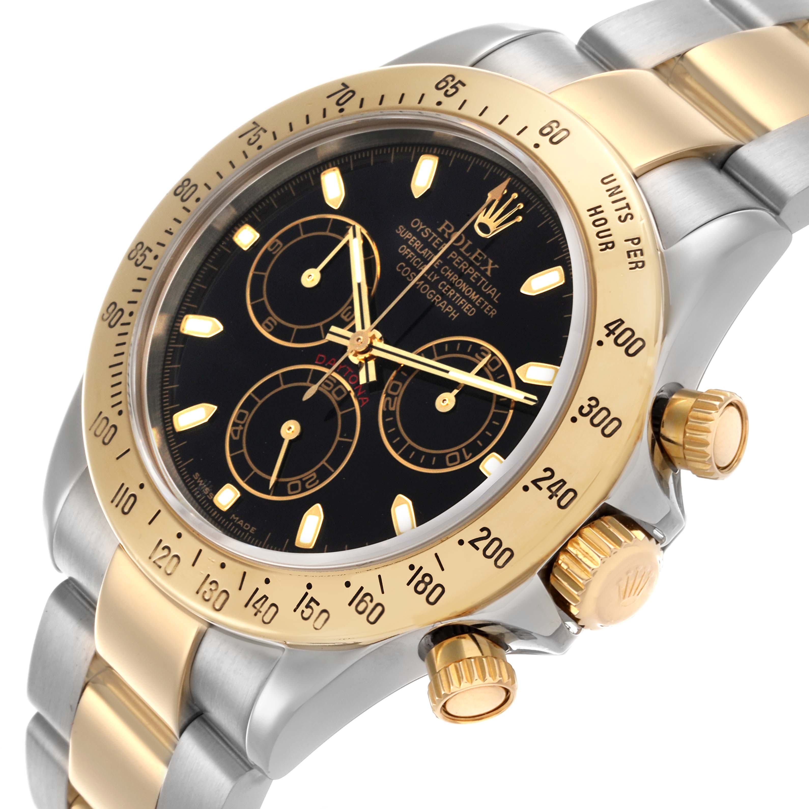 The image shows a Rolex Daytona 116523 Men's Steel and Gold (two tone) Black Dial 116523 Men's Steel and Gold (two tone) Black Dial watch at a tilted angle, highlighting the bezel, crown, and dial features.