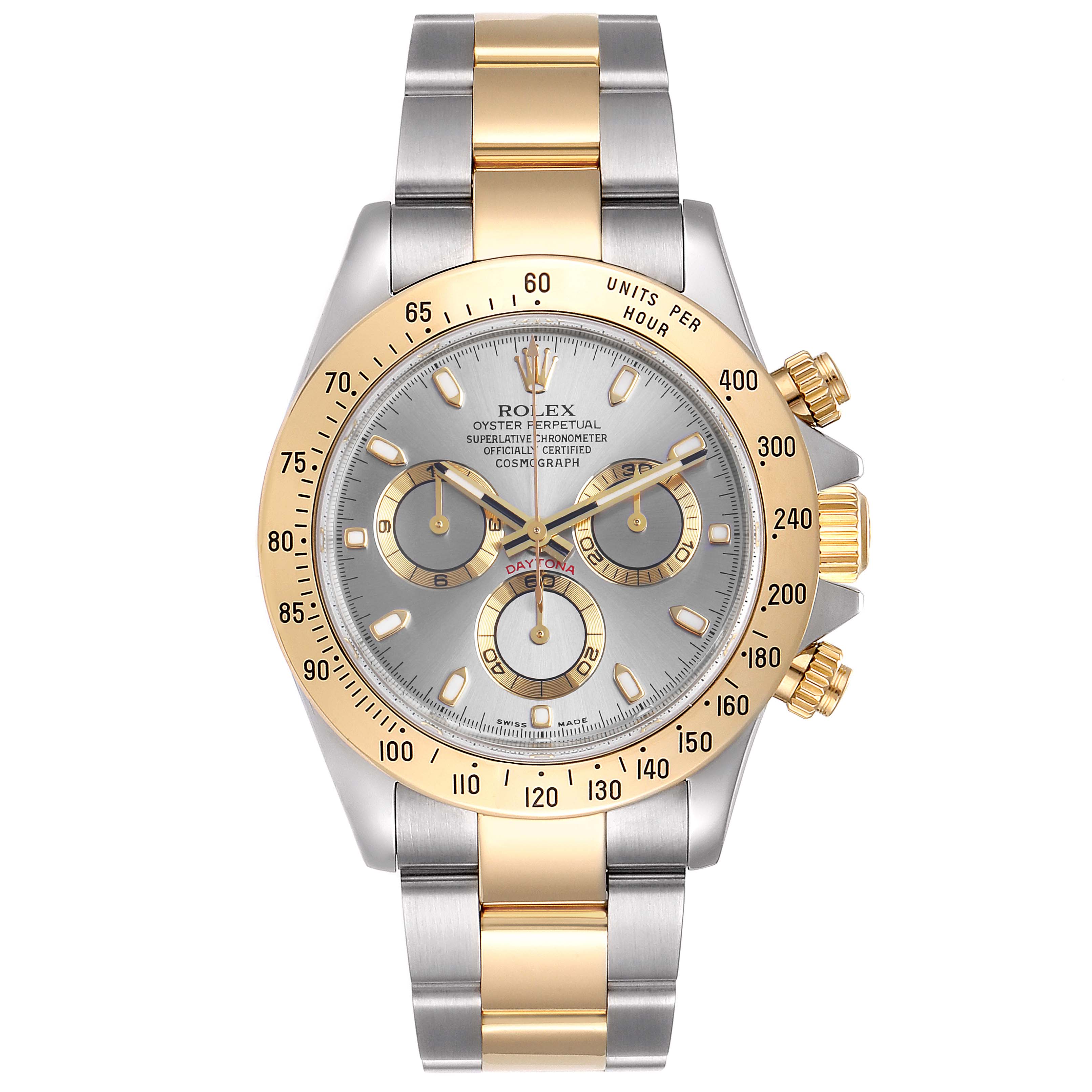 This image shows the front view of a Rolex Daytona 16523 Men's Steel and Gold (two tone) Grey Dial 16523 Men's Steel and Gold (two tone) Grey Dial watch, highlighting its dial, bezel, and bracelet.