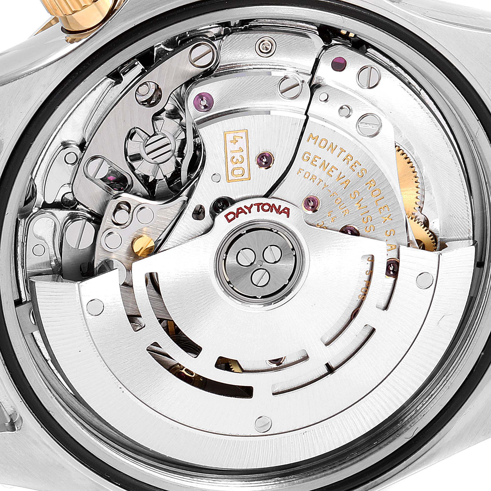 This close-up image shows the inner mechanism and movement components of a Rolex Daytona 16523 Men's Steel and Gold (two tone) Grey Dial 16523 Men's Steel and Gold (two tone) Grey Dial watch.
