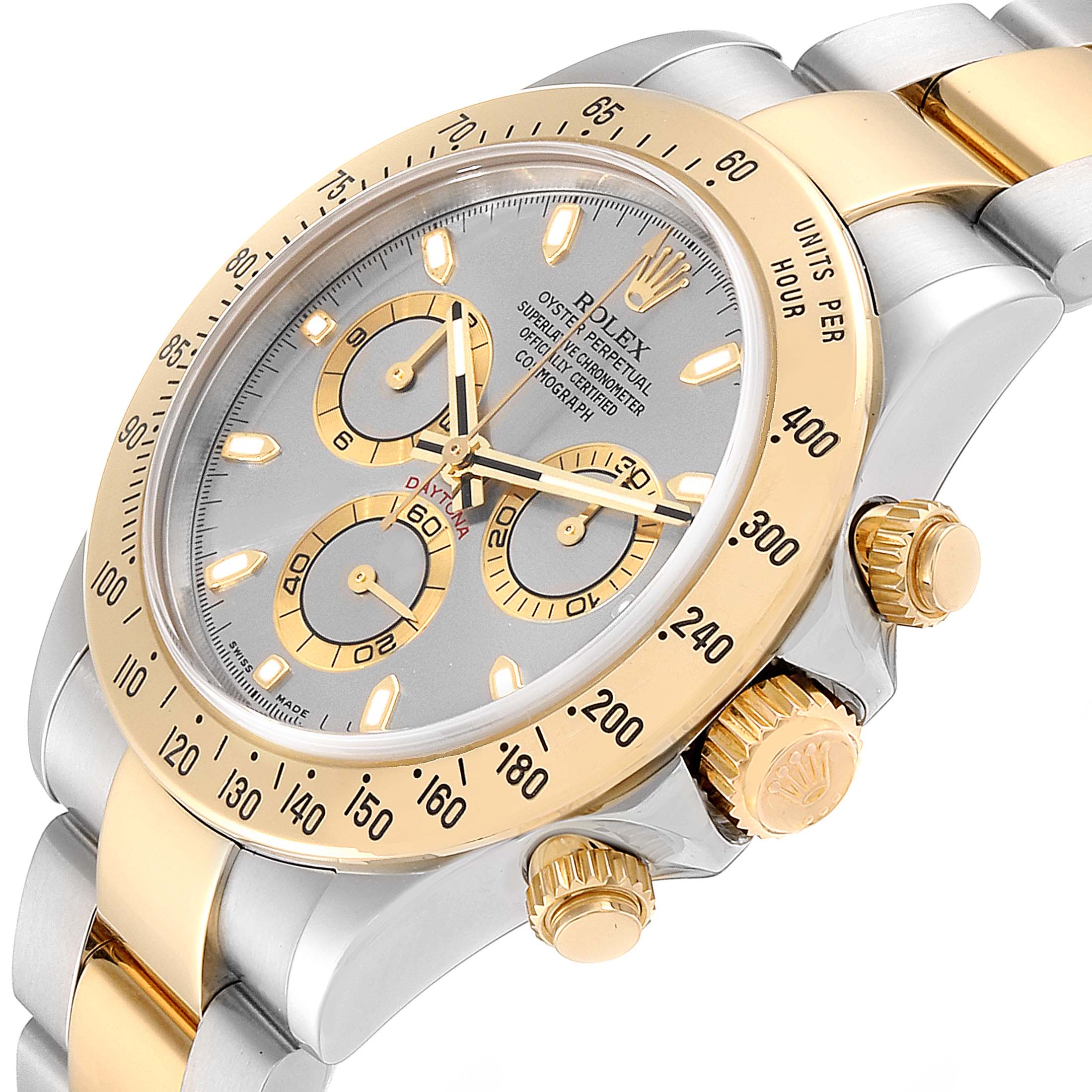 This Rolex Daytona 16523 Men's Steel and Gold (two tone) Grey Dial 16523 Men's Steel and Gold (two tone) Grey Dial watch is shown from an angled view, highlighting its dial, bezel, and crown.