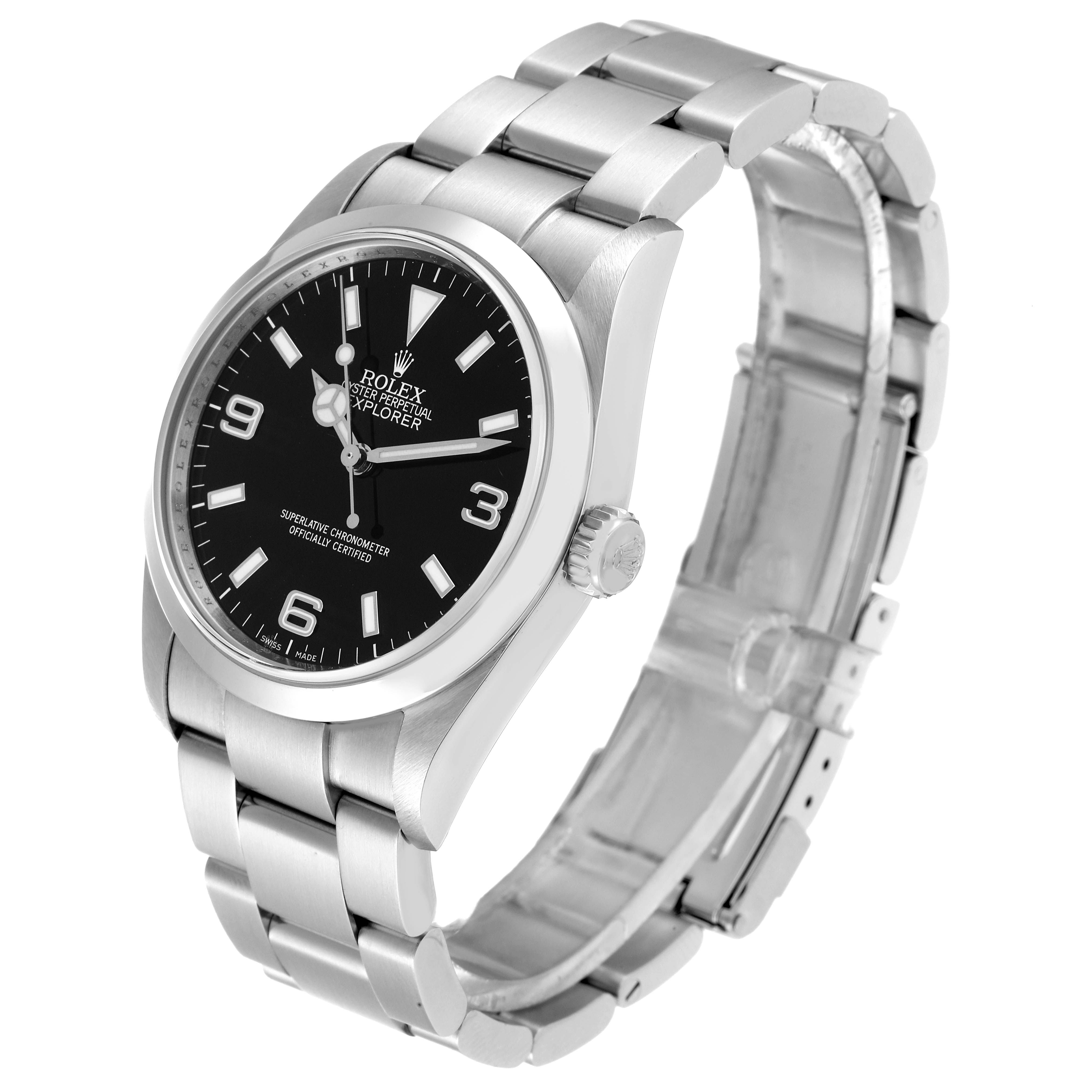 This image shows a Rolex Explorer 114270 Men's Stainless Steel Black Dial 114270 Men's Stainless Steel Black Dial watch at a slight side angle, highlighting the face, bezel, band, and crown.