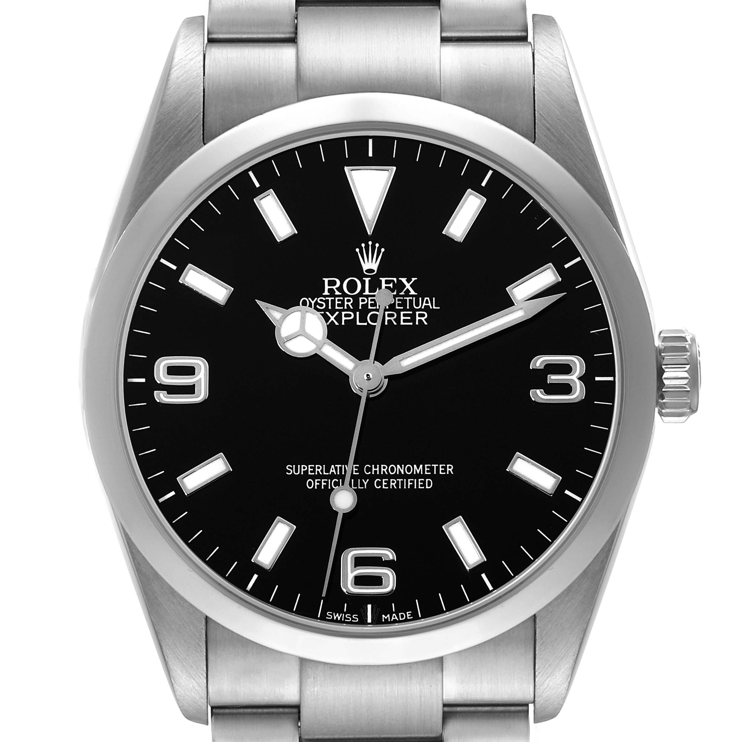This image shows a frontal view of the Rolex Explorer 114270 Men's Stainless Steel Black Dial 114270 Men's Stainless Steel Black Dial watch, displaying its black dial, silver markers, and stainless steel bracelet.