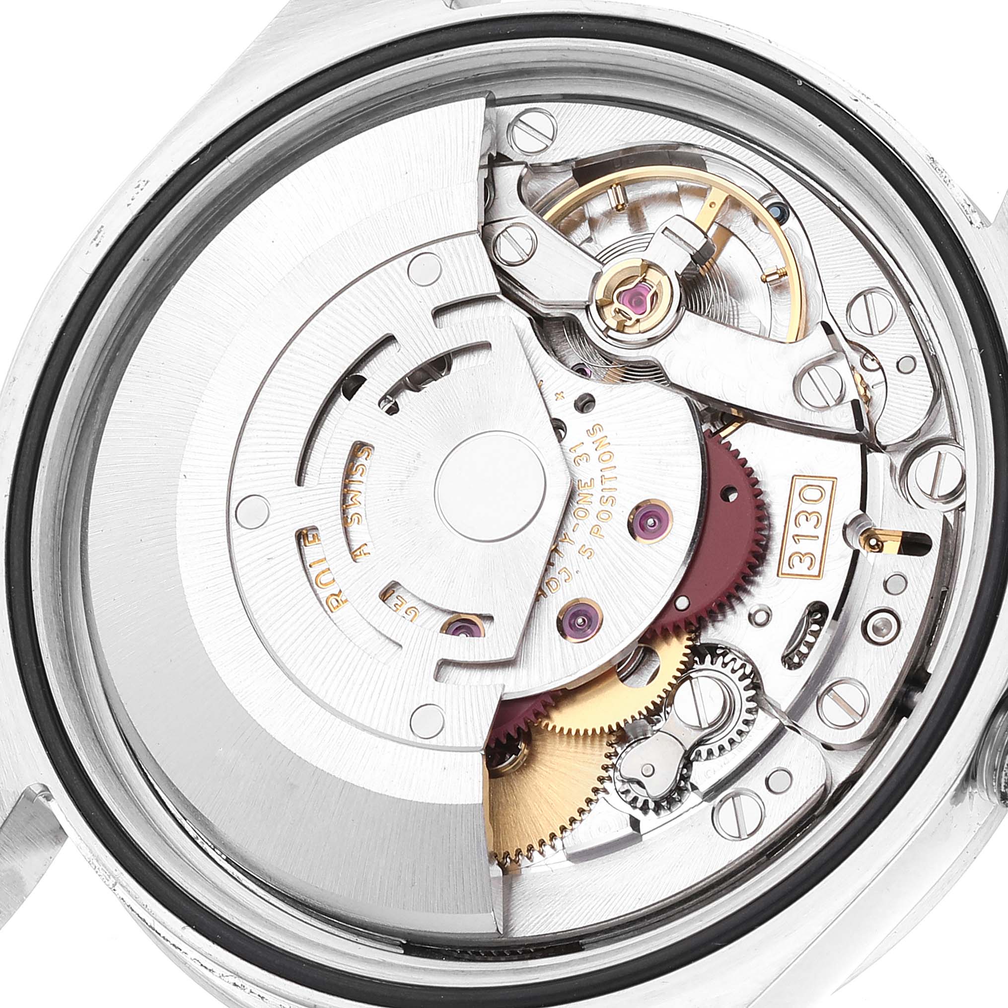 The image shows the intricate inner mechanical movement of the Rolex Explorer 114270 Men's Stainless Steel Black Dial 114270 Men's Stainless Steel Black Dial watch from a close-up angle.