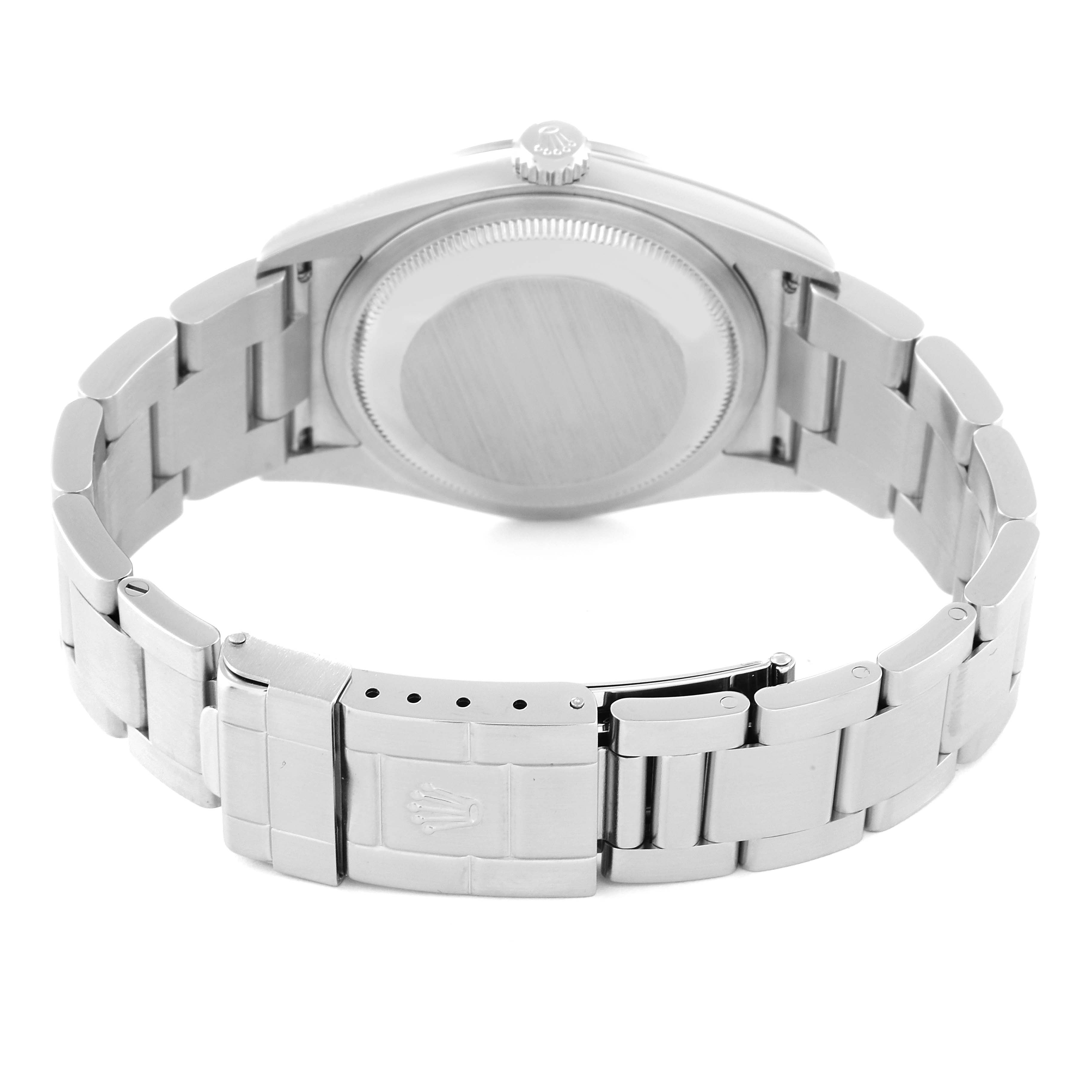 The image shows the back view of a Rolex Explorer 114270 Men's Stainless Steel Black Dial 114270 Men's Stainless Steel Black Dial watch, featuring the case back and the bracelet with clasp.