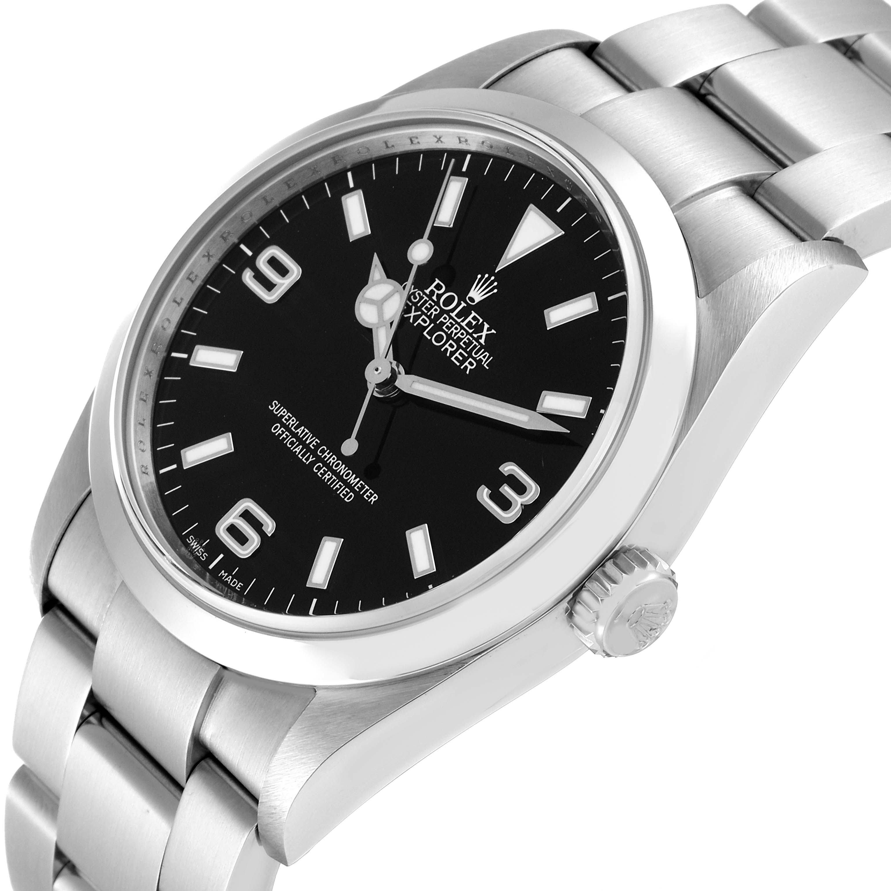 The image shows a close-up view of the Rolex Explorer 114270 Men's Stainless Steel Black Dial 114270 Men's Stainless Steel Black Dial model watch, highlighting the dial, crown, and part of the bracelet.