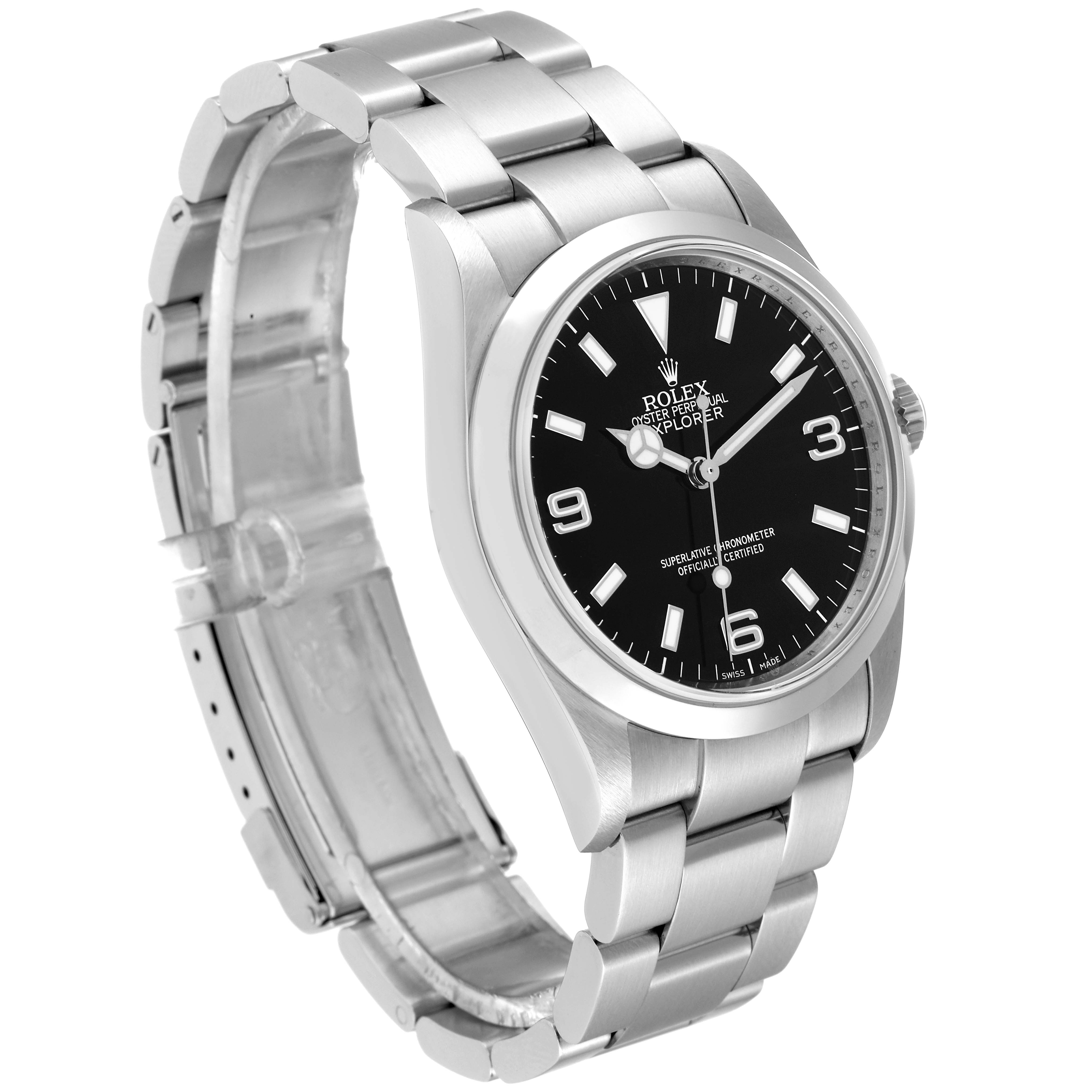 The image shows a Rolex Explorer 114270 Men's Stainless Steel Black Dial 114270 Men's Stainless Steel Black Dial model watch at a slight angle, highlighting the dial, bezel, and metal bracelet.