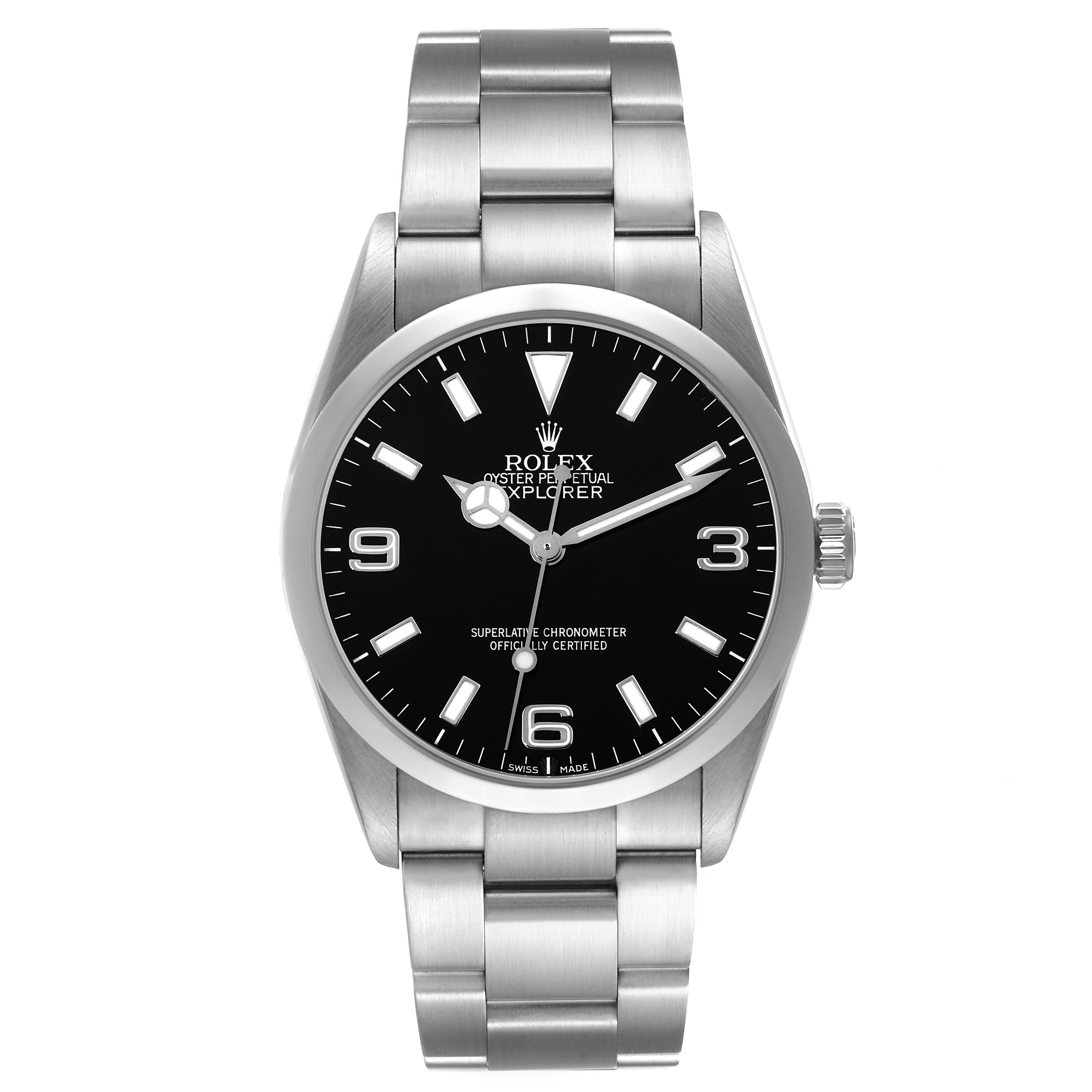 The image shows a front view of the Rolex Explorer 114270 Men's Stainless Steel Black Dial 114270 Men's Stainless Steel Black Dial watch, displaying its face, bezel, crown, and metal bracelet.