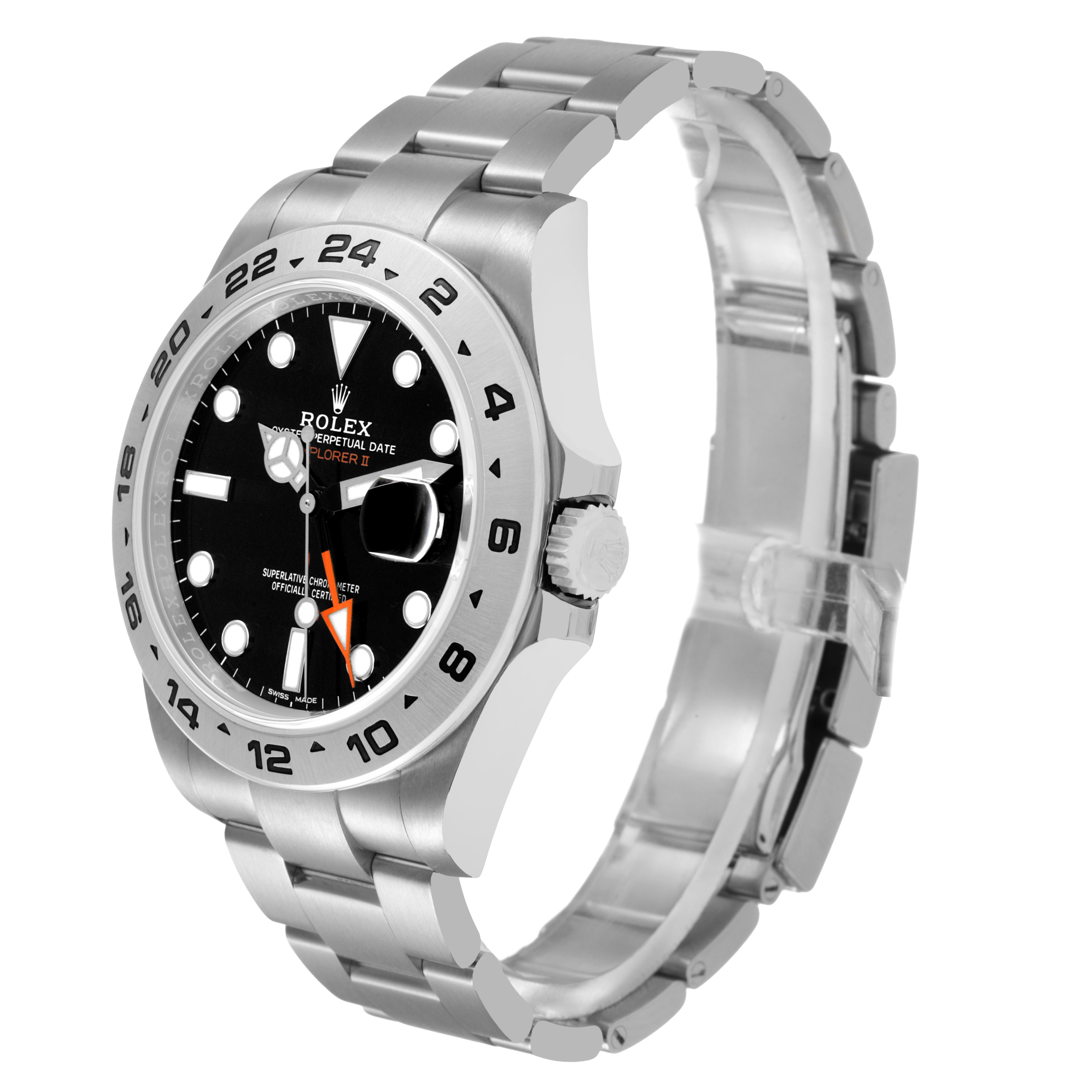 The Rolex Explorer 216570 Men's Stainless Steel Black Dial II watch is shown at a three-quarter angle, highlighting the face, bezel, bracelet, and crown.