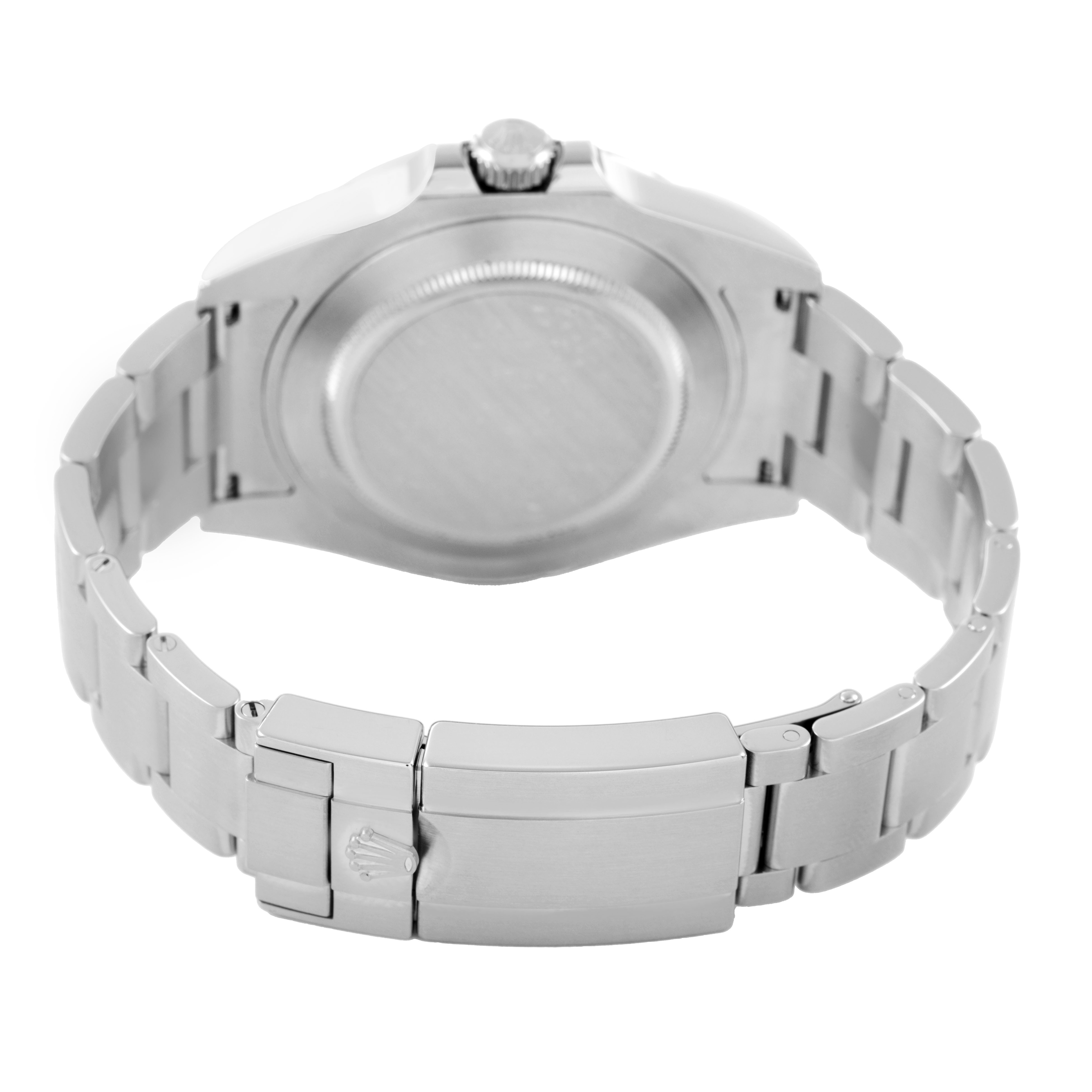 The Rolex Explorer 216570 Men's Stainless Steel Black Dial watch is shown from the back, displaying the case back and bracelet with clasp.