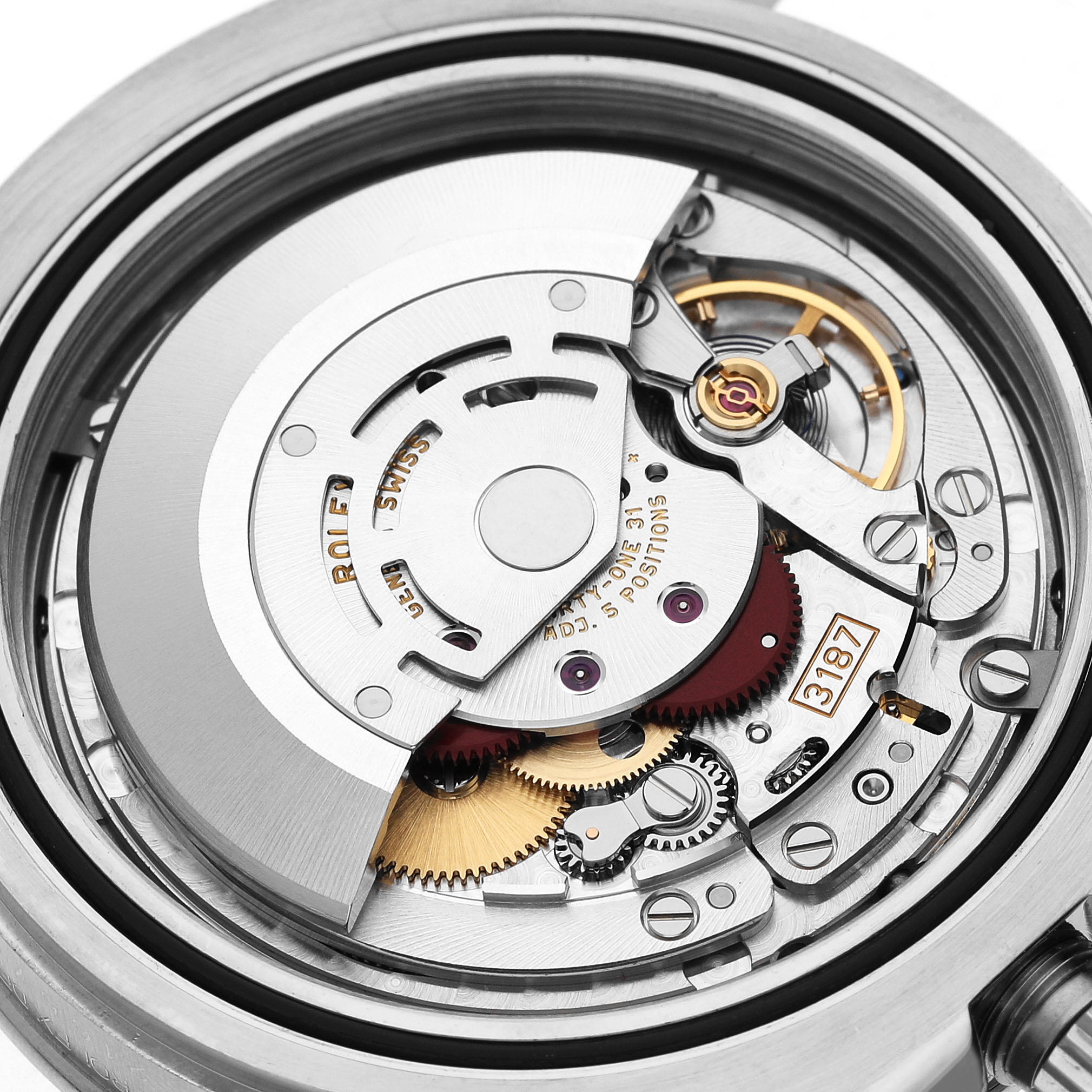 The image shows the internal movement mechanism of a Rolex Explorer 216570 Men's Stainless Steel Black Dial watch at a close-up angle.