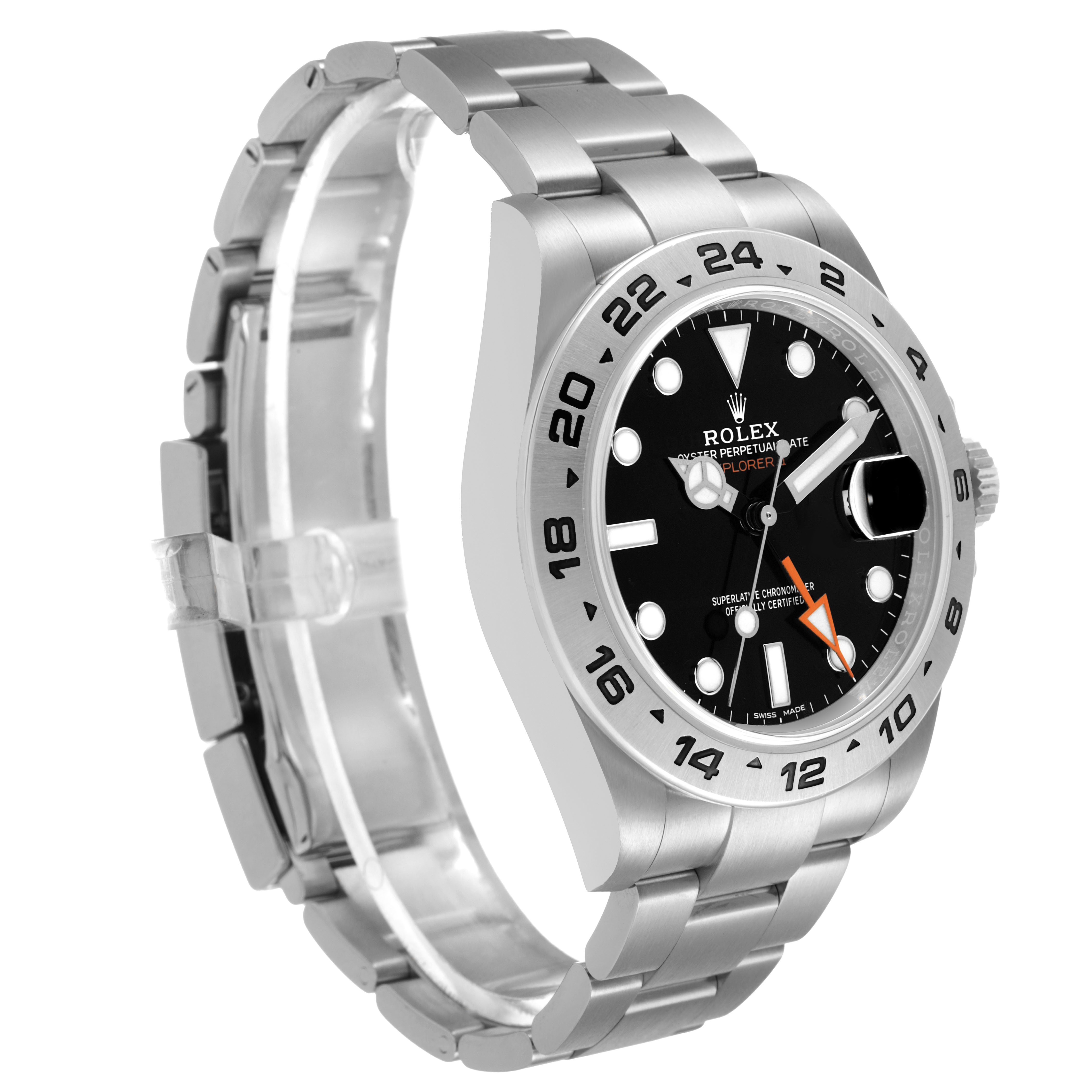 The Rolex Explorer 216570 Men's Stainless Steel Black Dial watch is shown at a three-quarter angle, highlighting its face, bezel, and bracelet.
