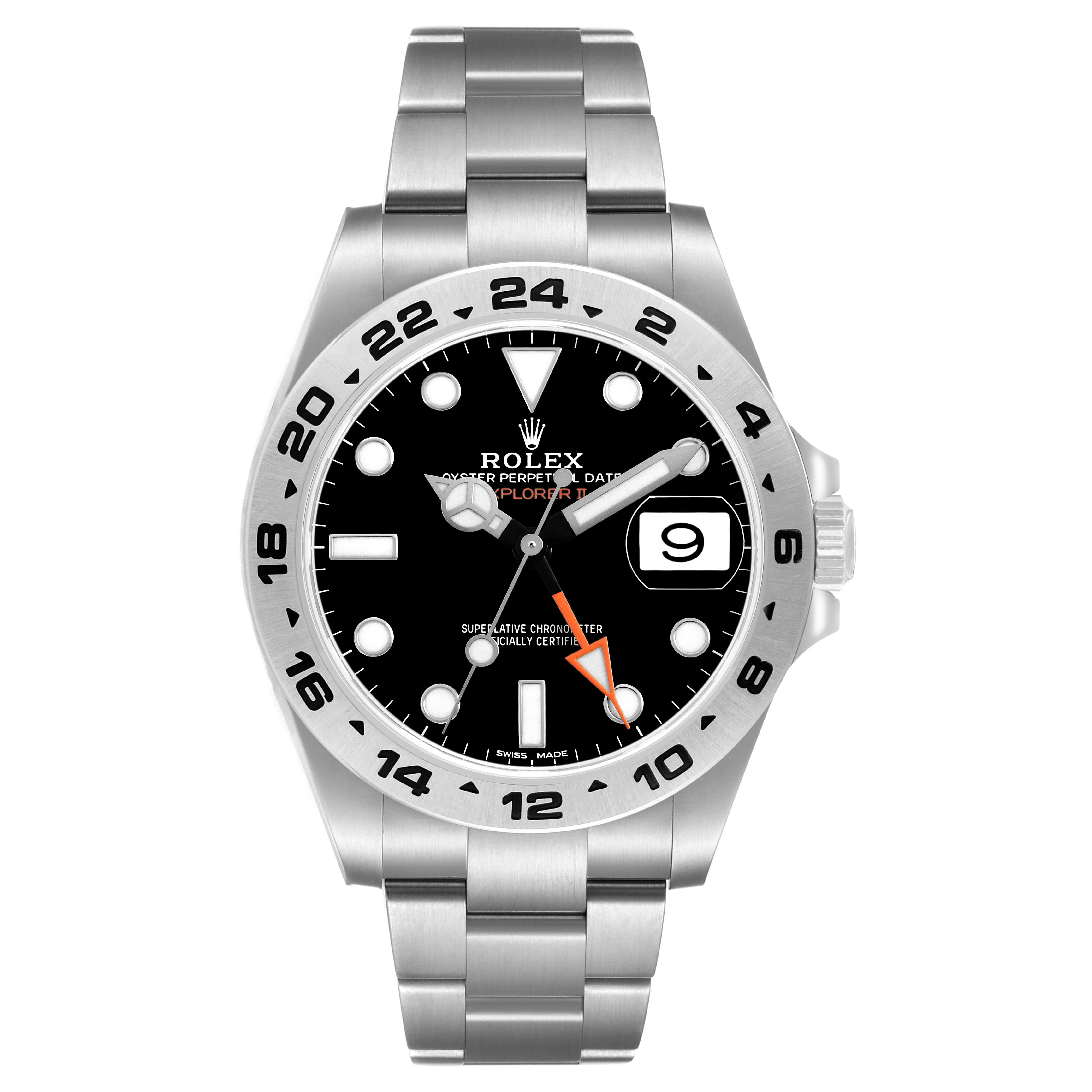 The Rolex Explorer 216570 Men's Stainless Steel Black Dial watch is shown from the front, highlighting the dial, bezel, hands, date window, and bracelet.