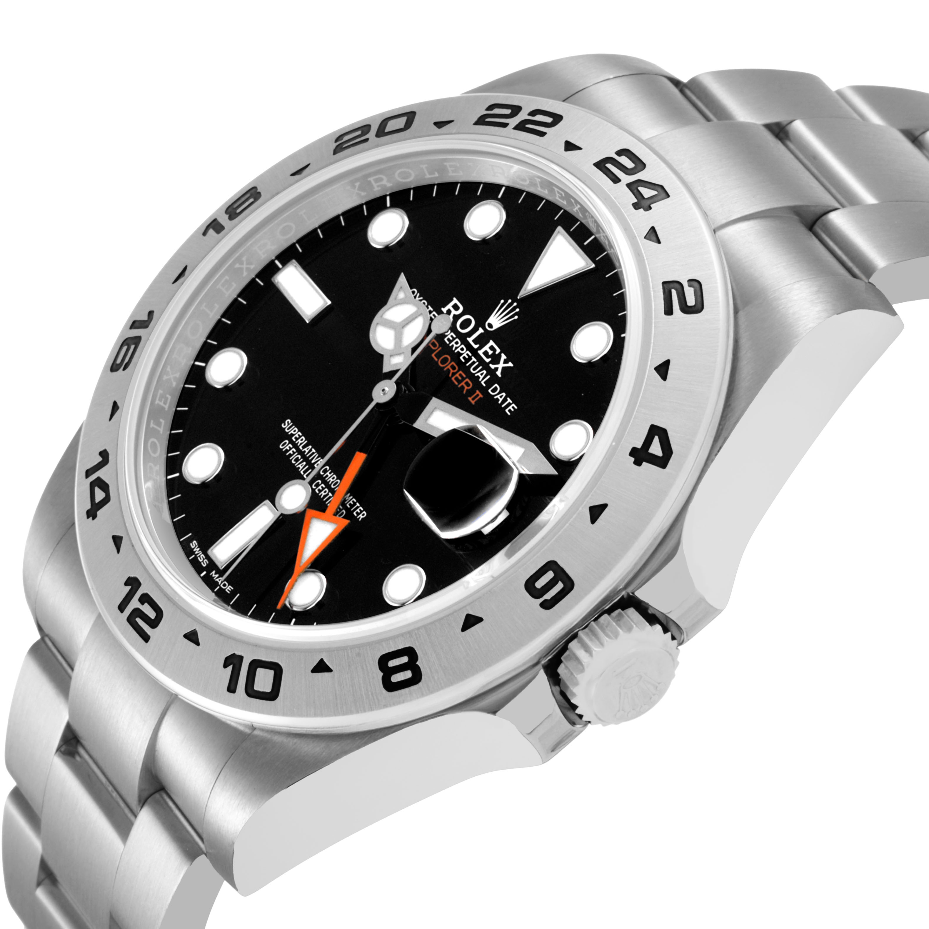The Rolex Explorer 216570 Men's Stainless Steel Black Dial watch is shown at a slight angle, highlighting the bezel, crown, and bracelet.